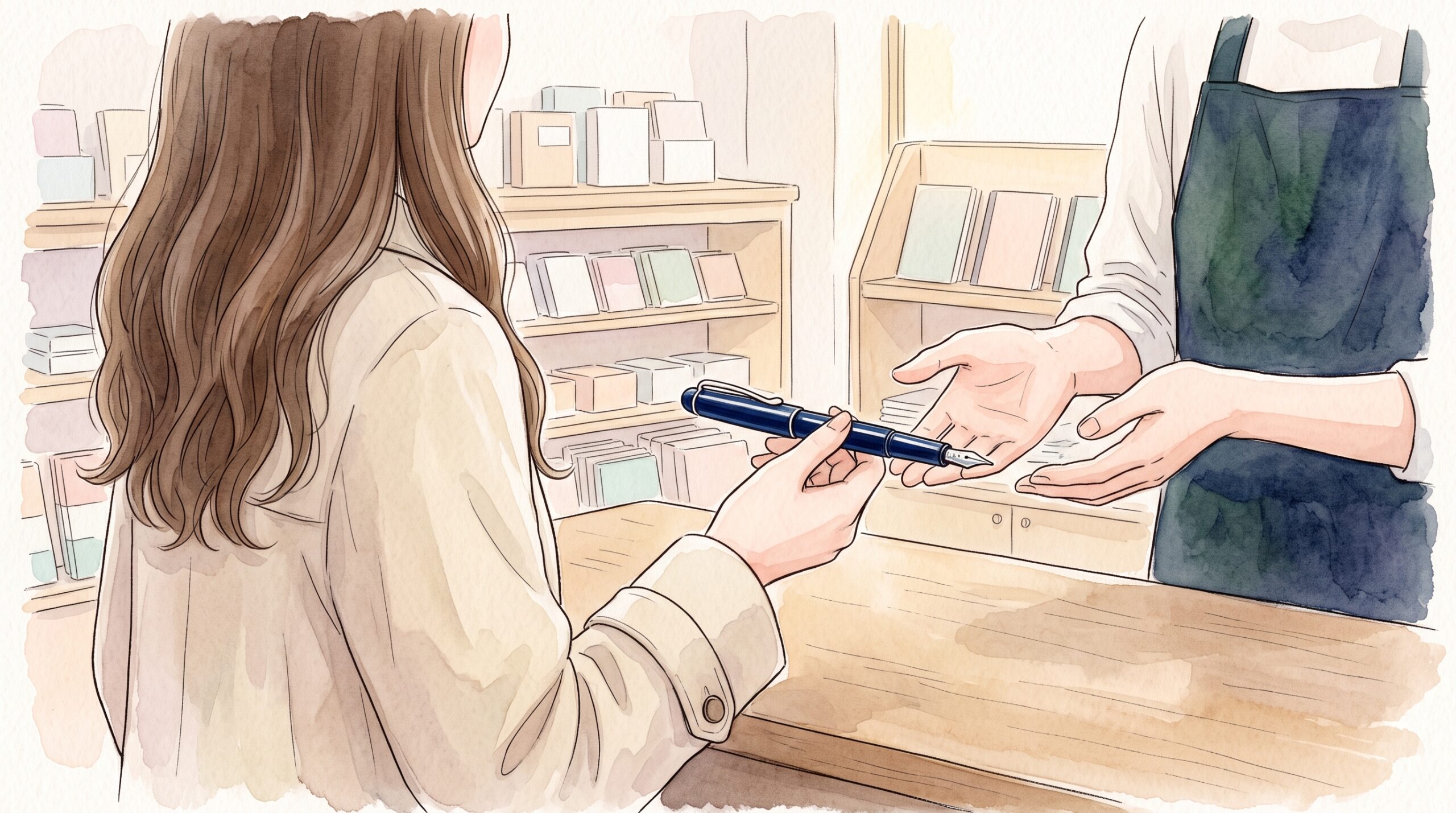 文具店の修理カウンターで紺色の万年筆を店員に差し出す女性の後ろ姿