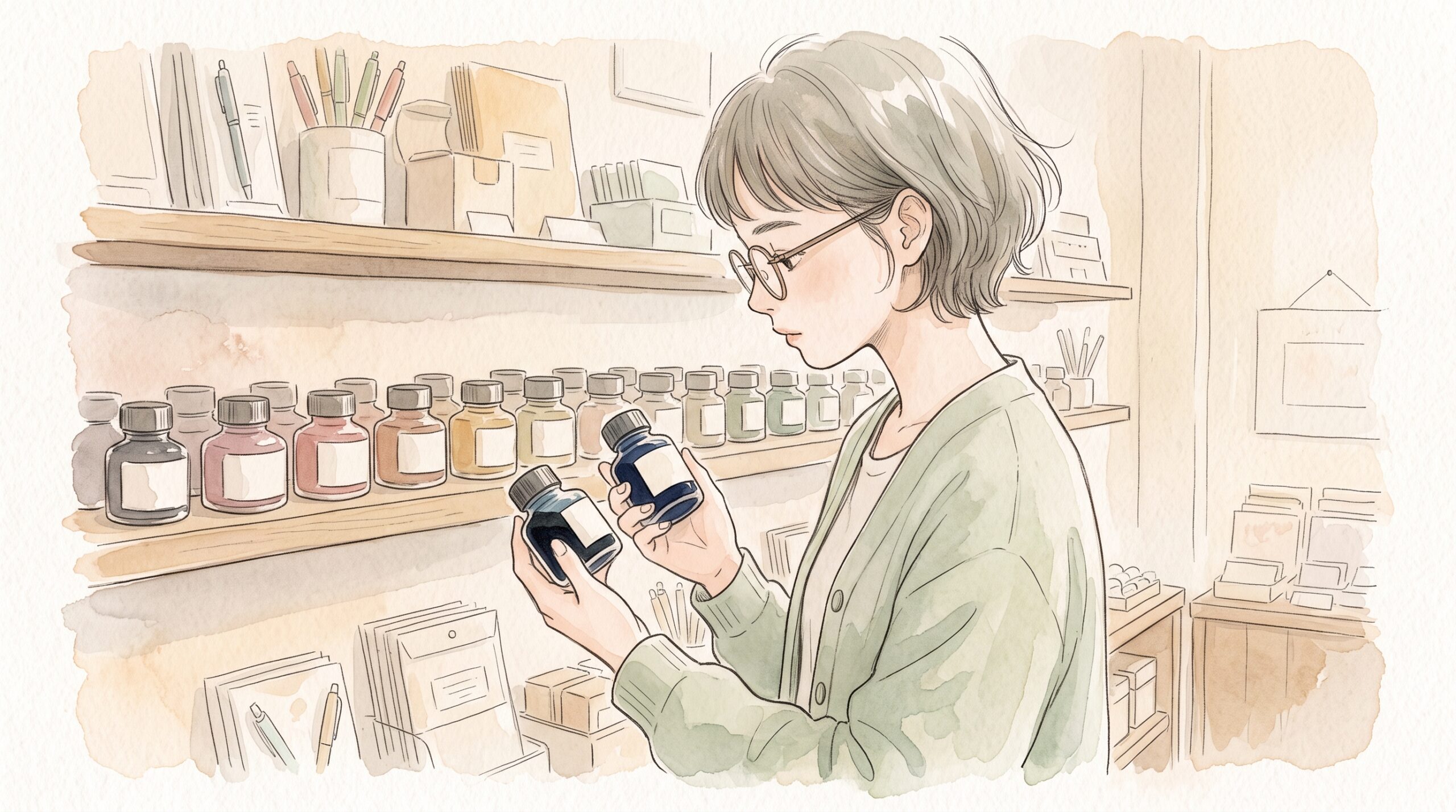 文具店のインク棚の前で、小さなインク瓶を2本持って見比べる丸眼鏡の女性の横顔