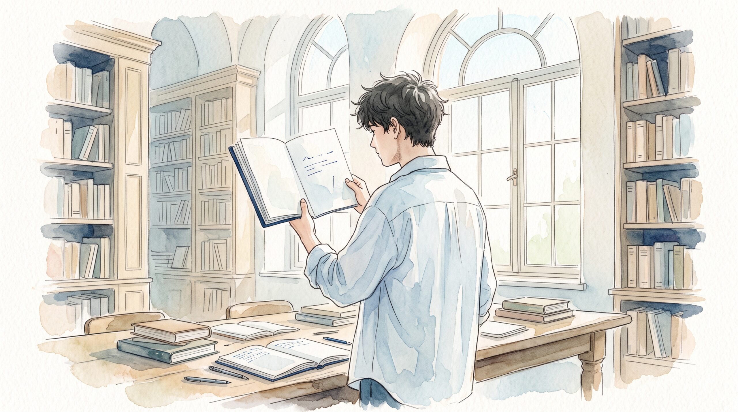 図書館の窓辺で、ノートのページを光にかざして裏に透けていないか確かめる男性