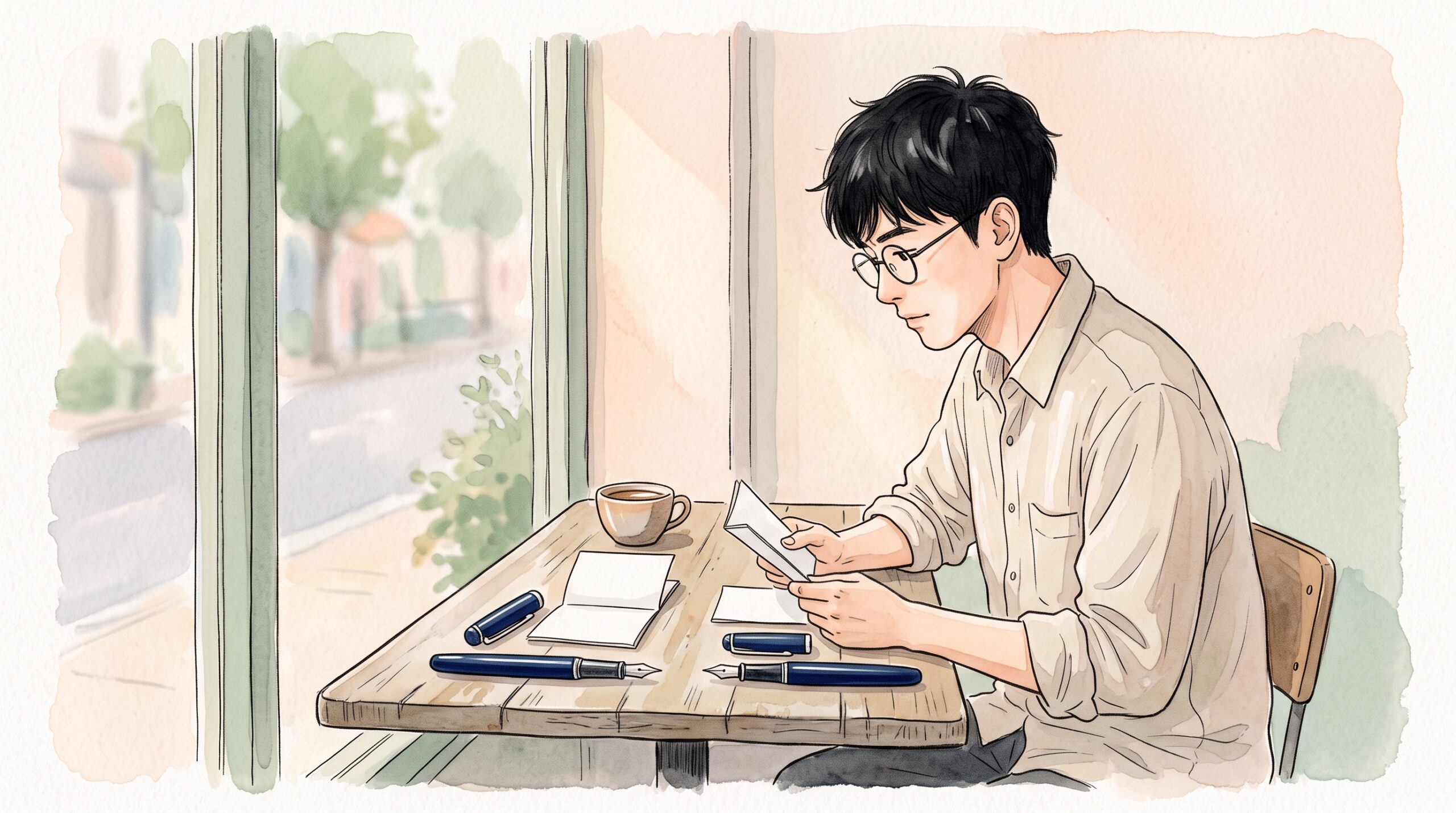 カフェの窓際で分解した2本の万年筆と白紙の説明書を見比べる眼鏡の男性の横顔