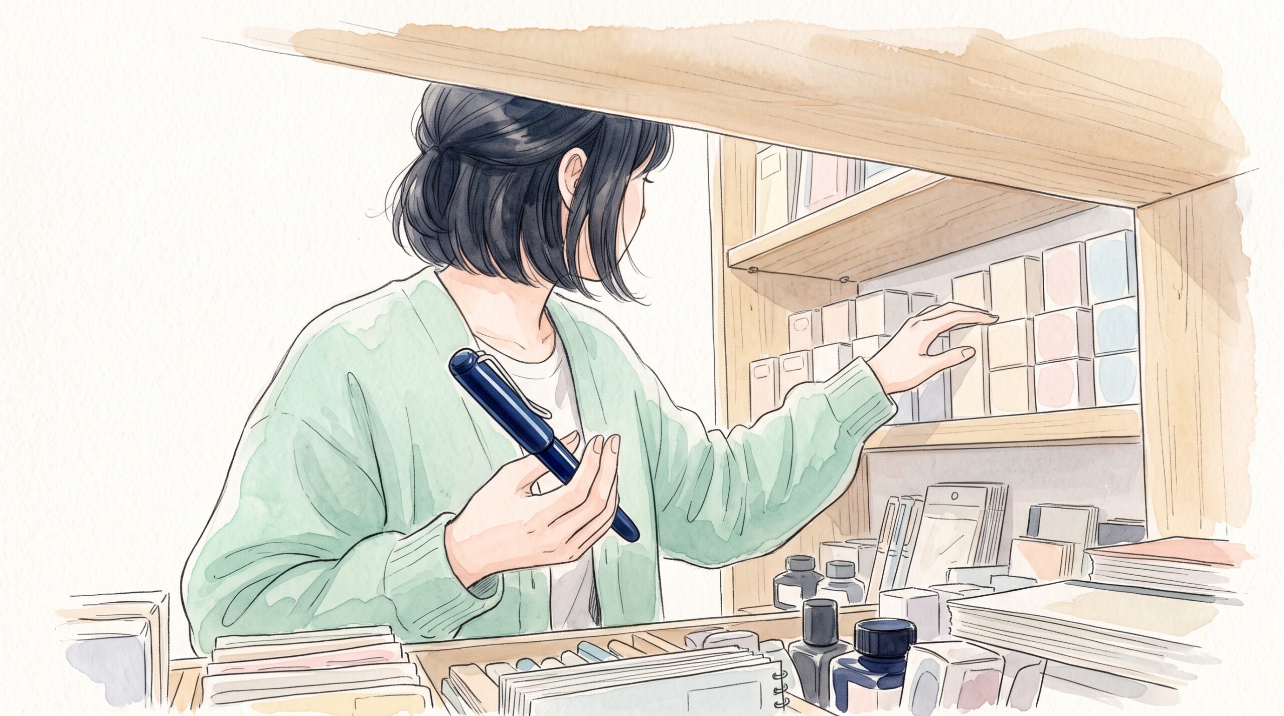 文具店の棚の前で、手に持った紺色の万年筆と無地の小箱を見比べるボブヘアの女性