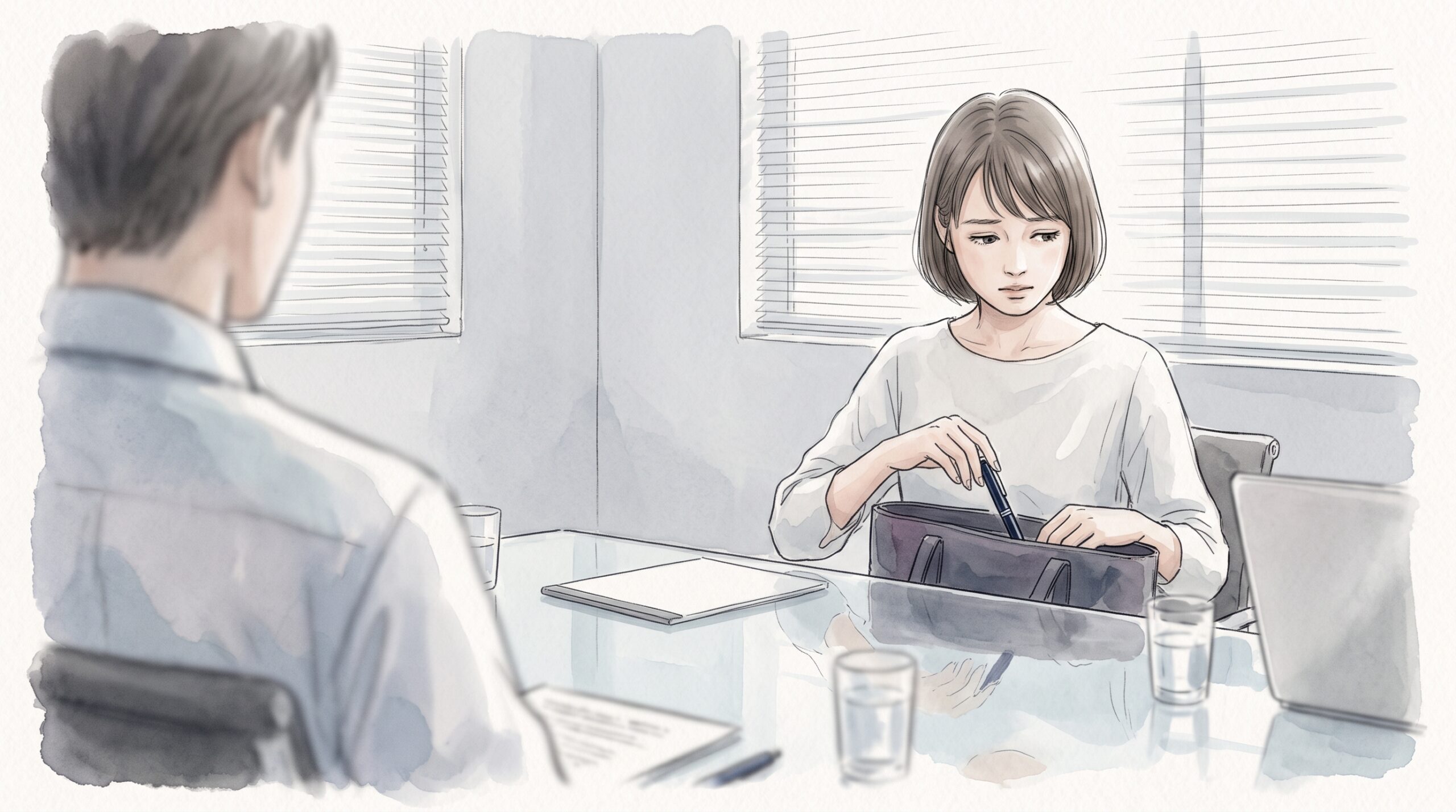 会議室でバッグからペンを出そうとして、ためらうように視線を落とす20代女性を、向かいに座る同僚の肩越しに見た場面