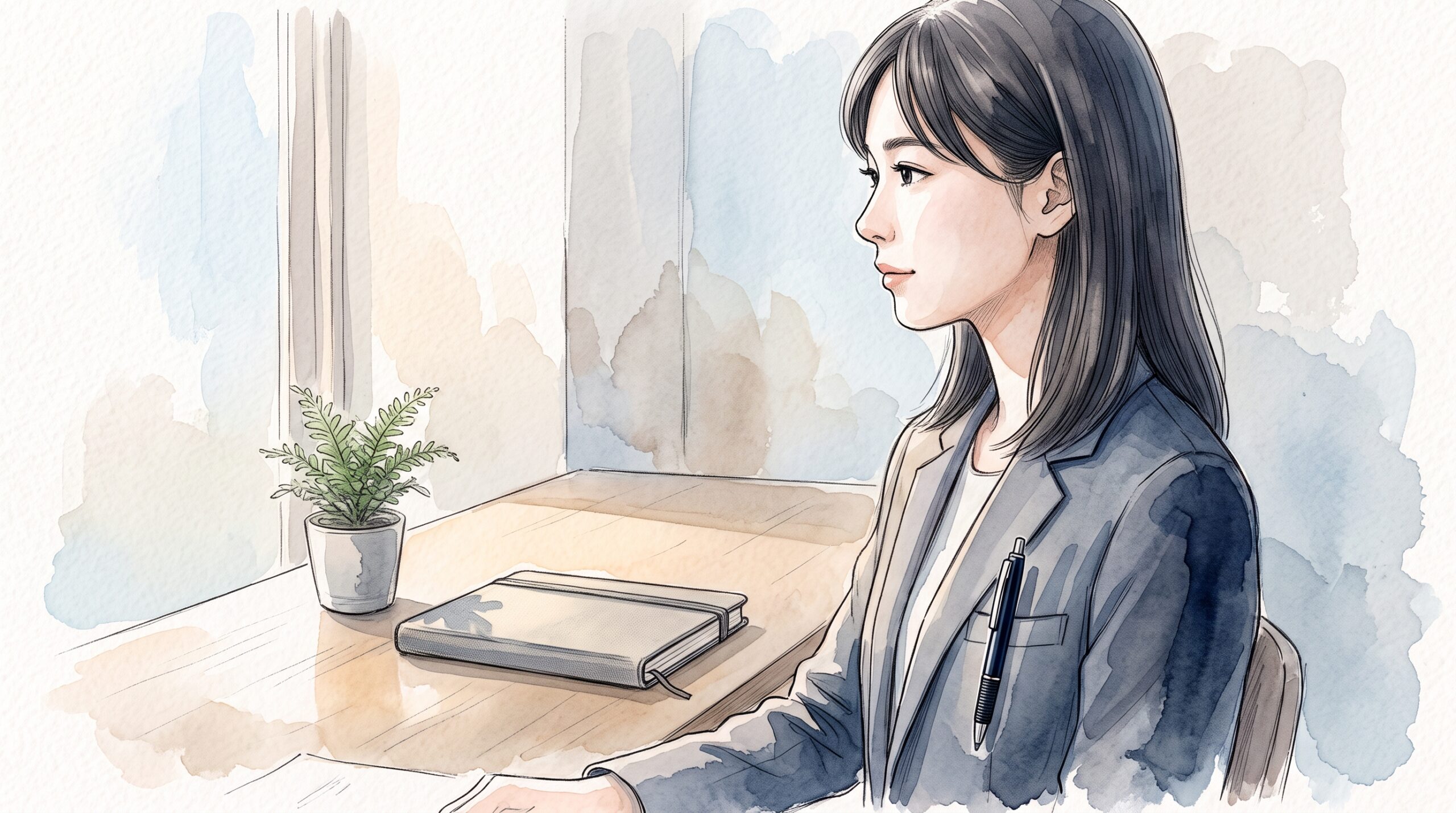 オフィスのデスクで、ジャケットの胸ポケットに紺色のボールペンを挟んだ20代女性の横顔