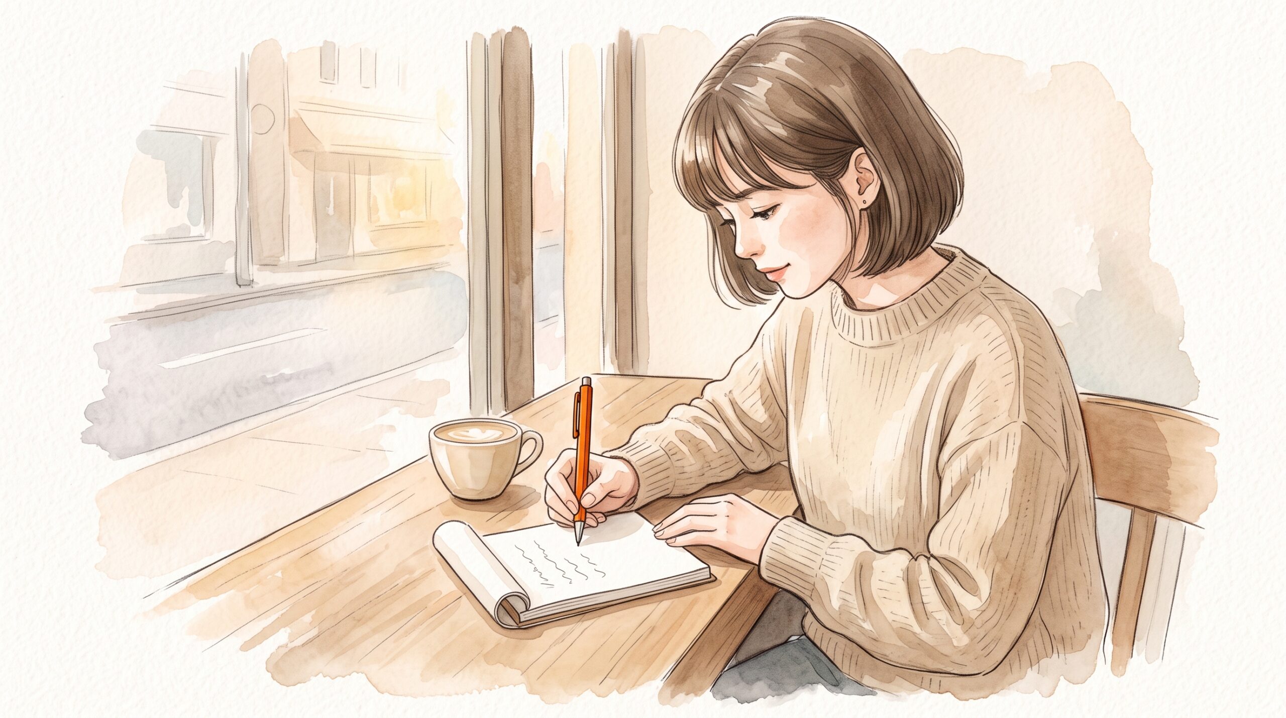 カフェの窓際でオレンジの六角軸ペンを持ち、メモパッドに書き込む女性