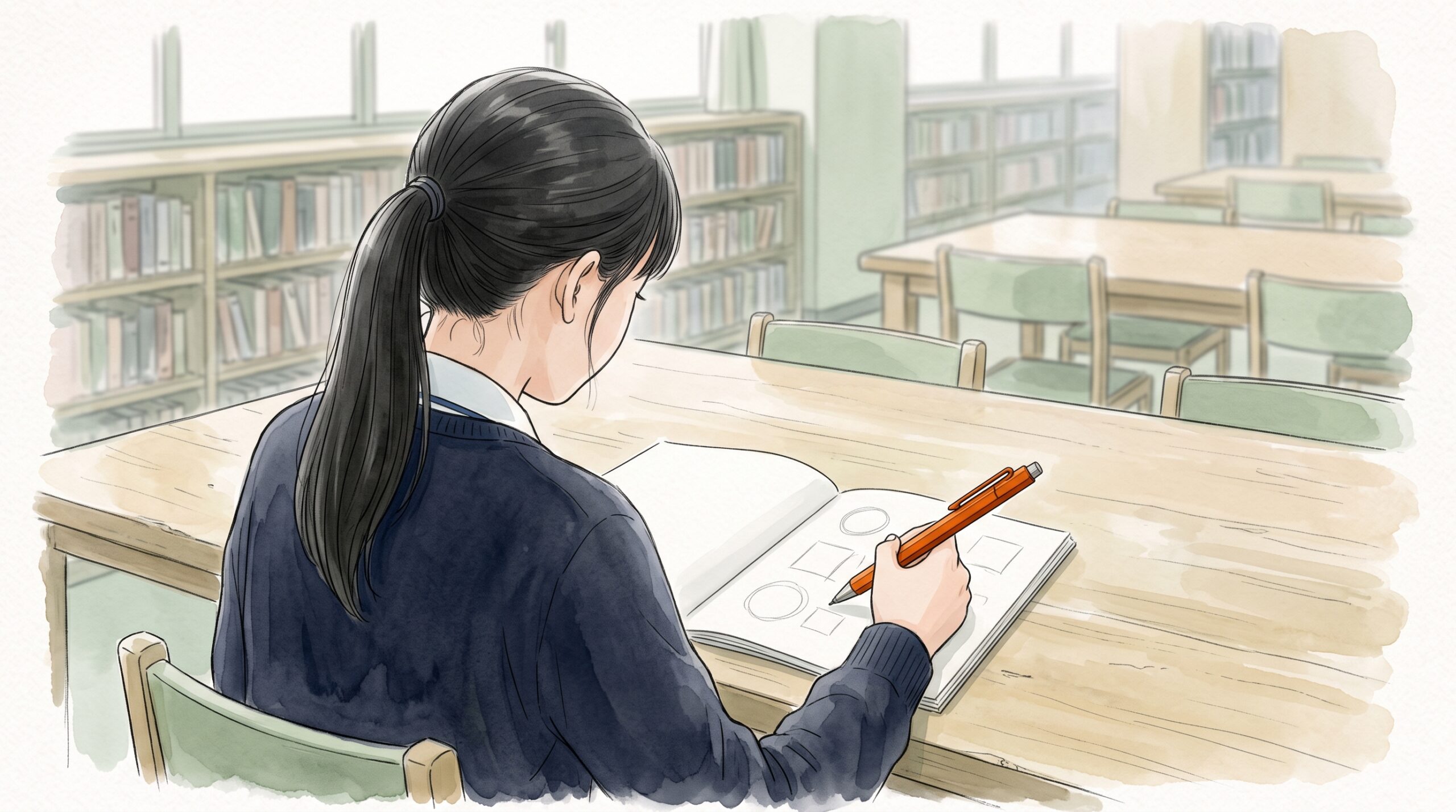 図書室の机でオレンジの六角軸シャーペンを使い、ノートに図形を描く学生
