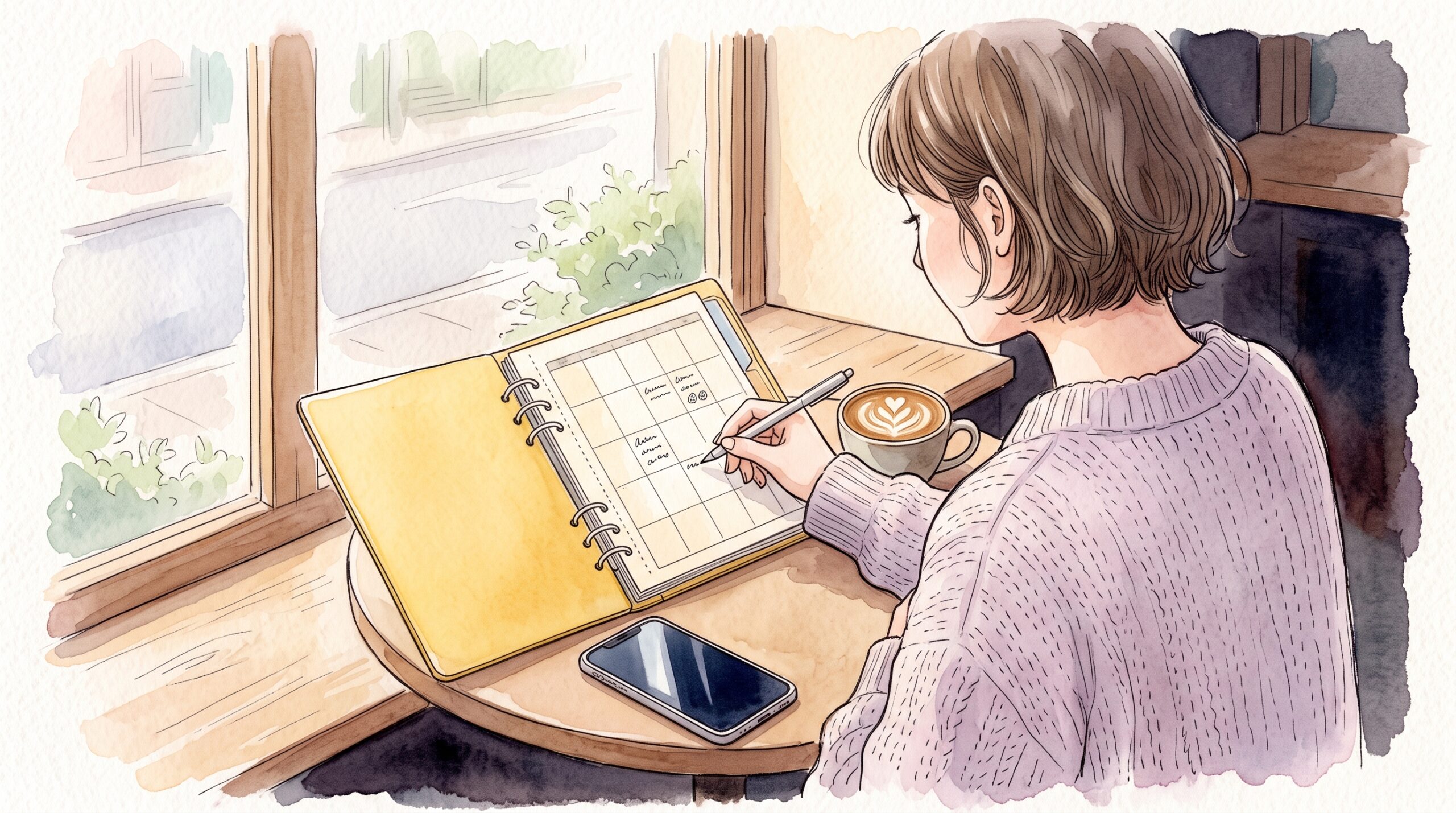 カフェの窓際で、見開きの月間カレンダーに短い予定を書き込む女性の手元と黄色い表紙のリング手帳