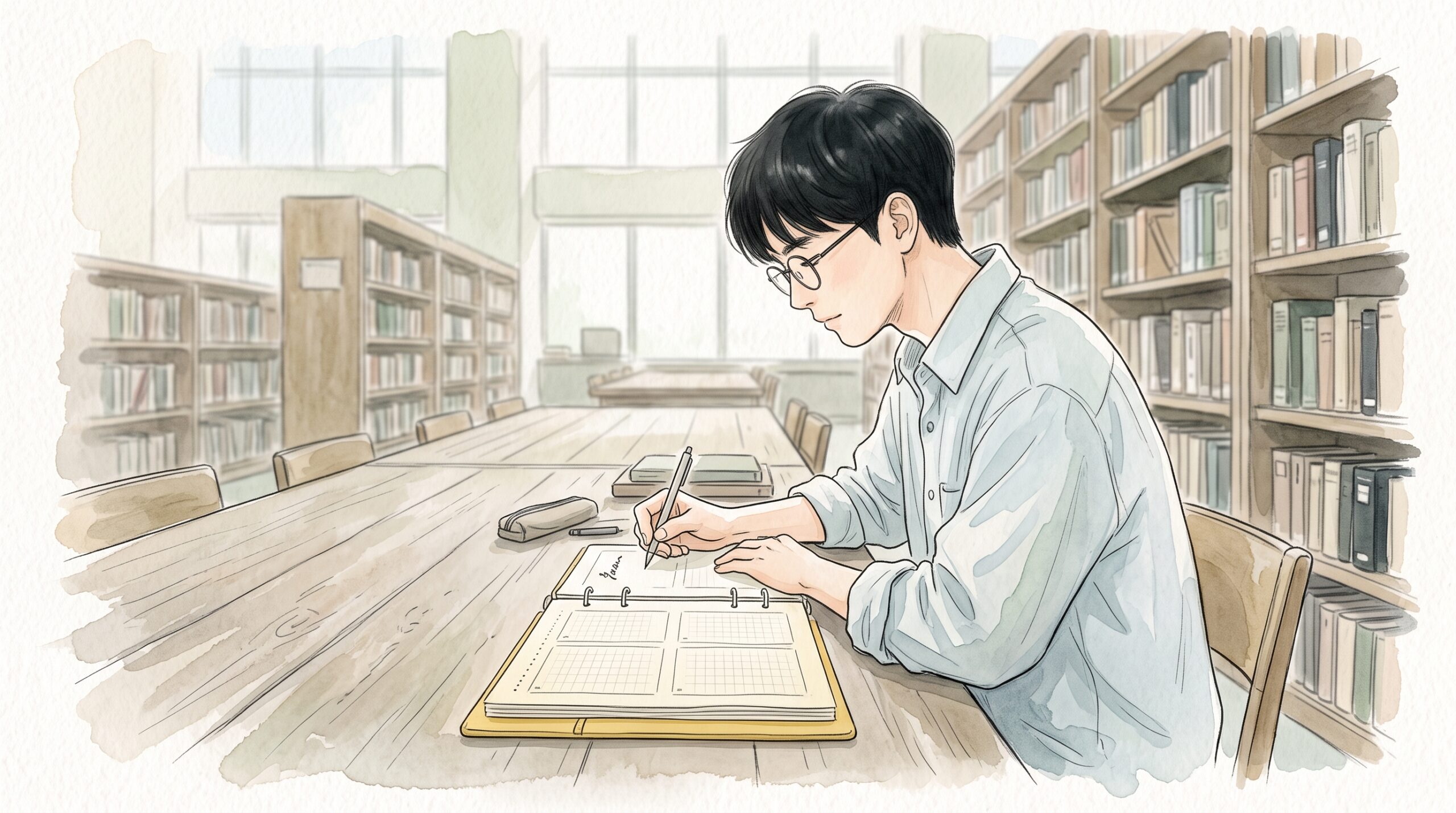 図書館の机で、各ページが4つの枠に分かれた黄色い表紙のリング手帳に書き込む眼鏡の男性