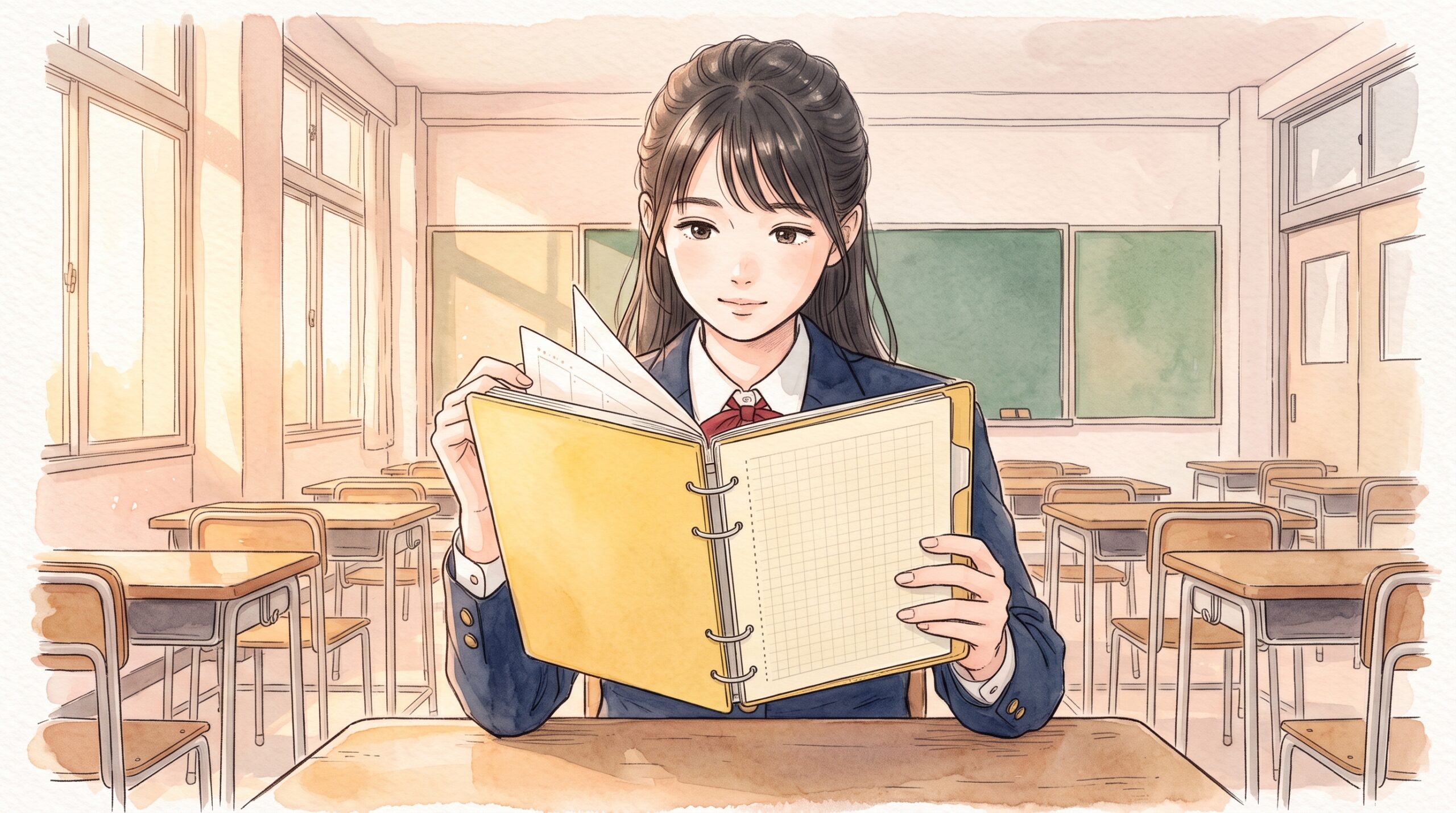 放課後の教室で、黄色い表紙のリング手帳を両手で持ってページをめくる制服の女子学生