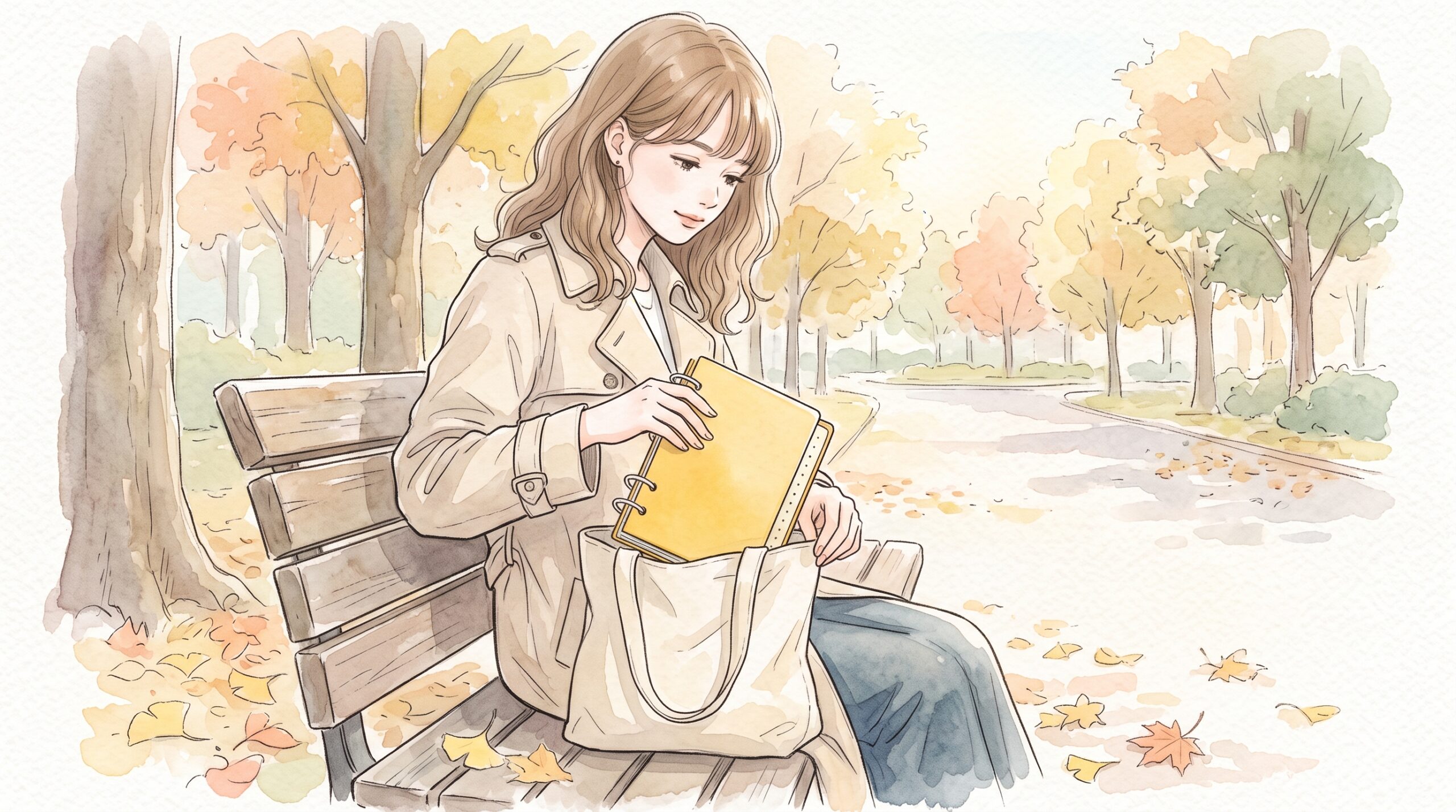 落ち葉の散る秋の公園のベンチで、黄色い表紙のリング手帳をトートバッグにしまう女性