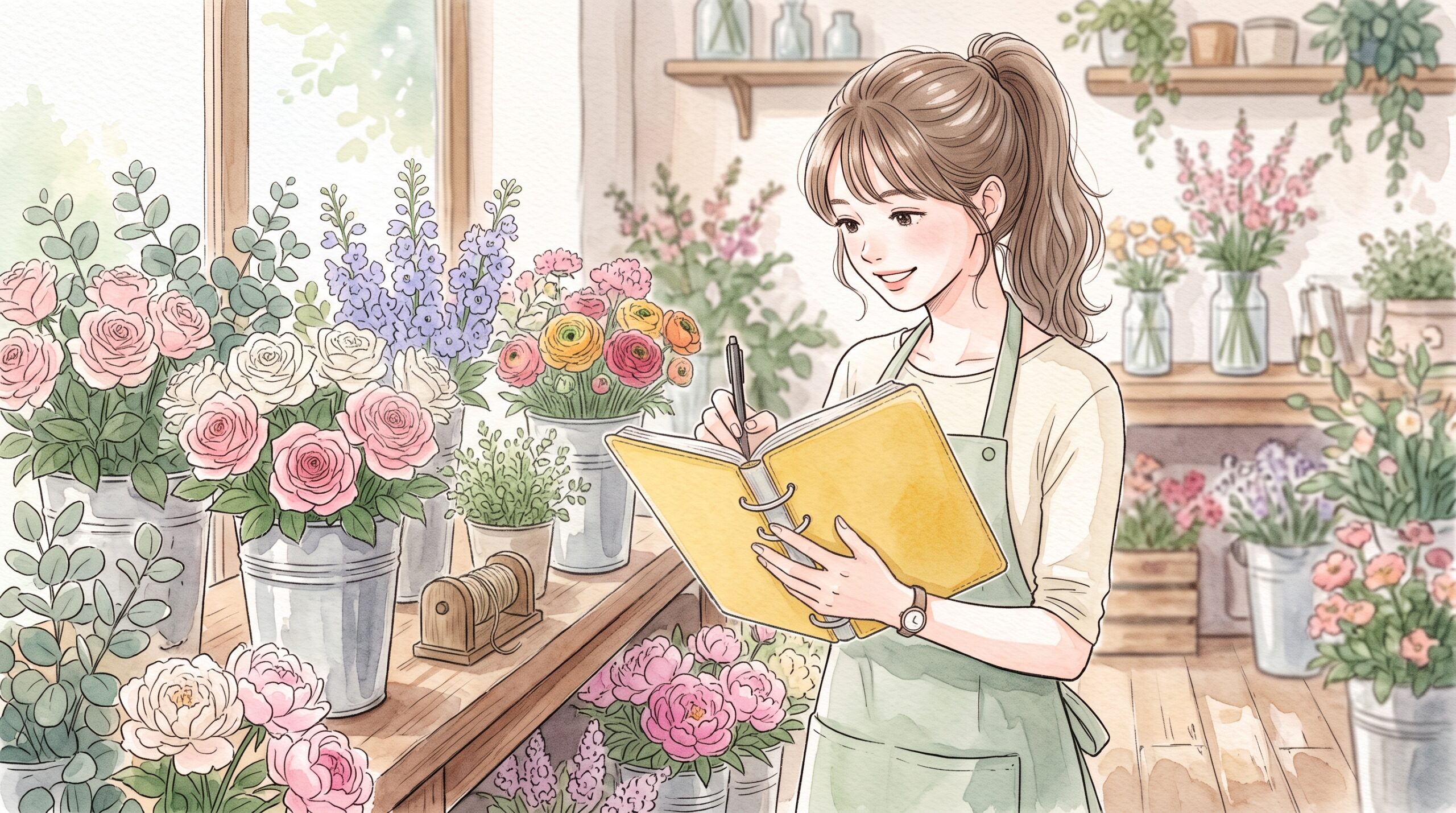 花屋で立ったまま、手に持った黄色いリングノートにペンでメモする女性