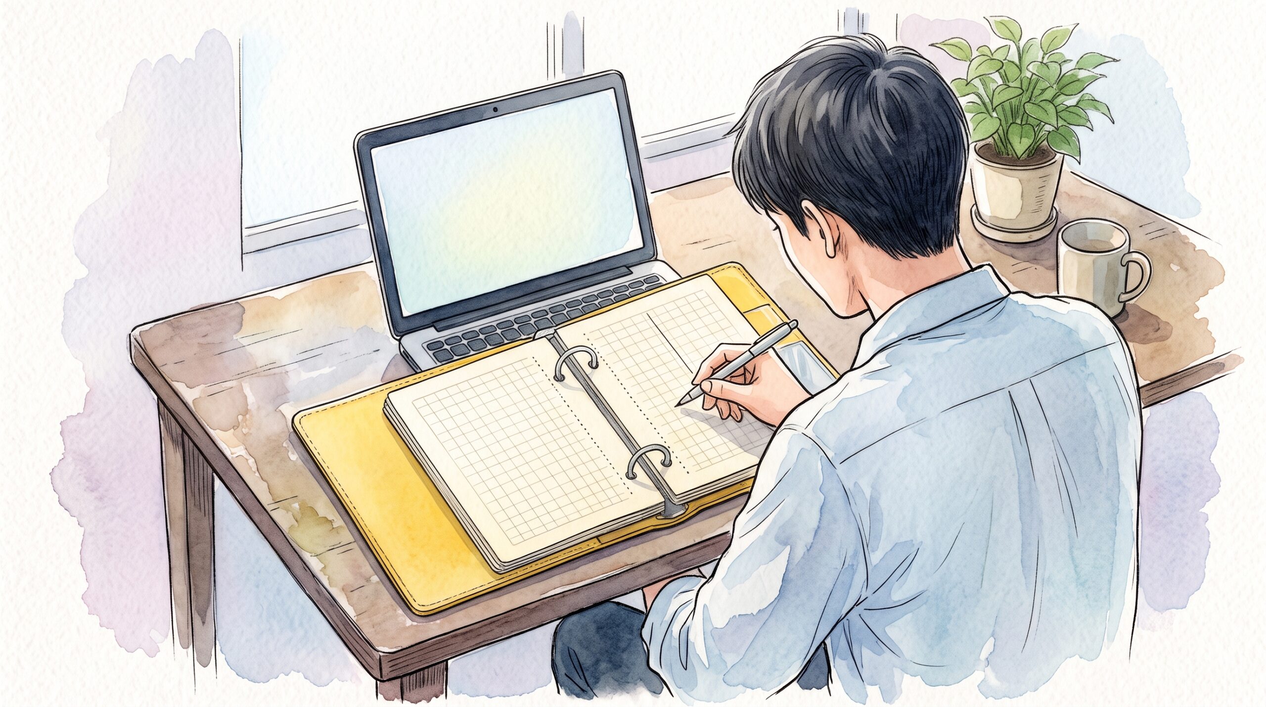 オフィスの机で、ノートパソコンの手前に黄色いリングノートを開いてメモする男性の後ろ姿