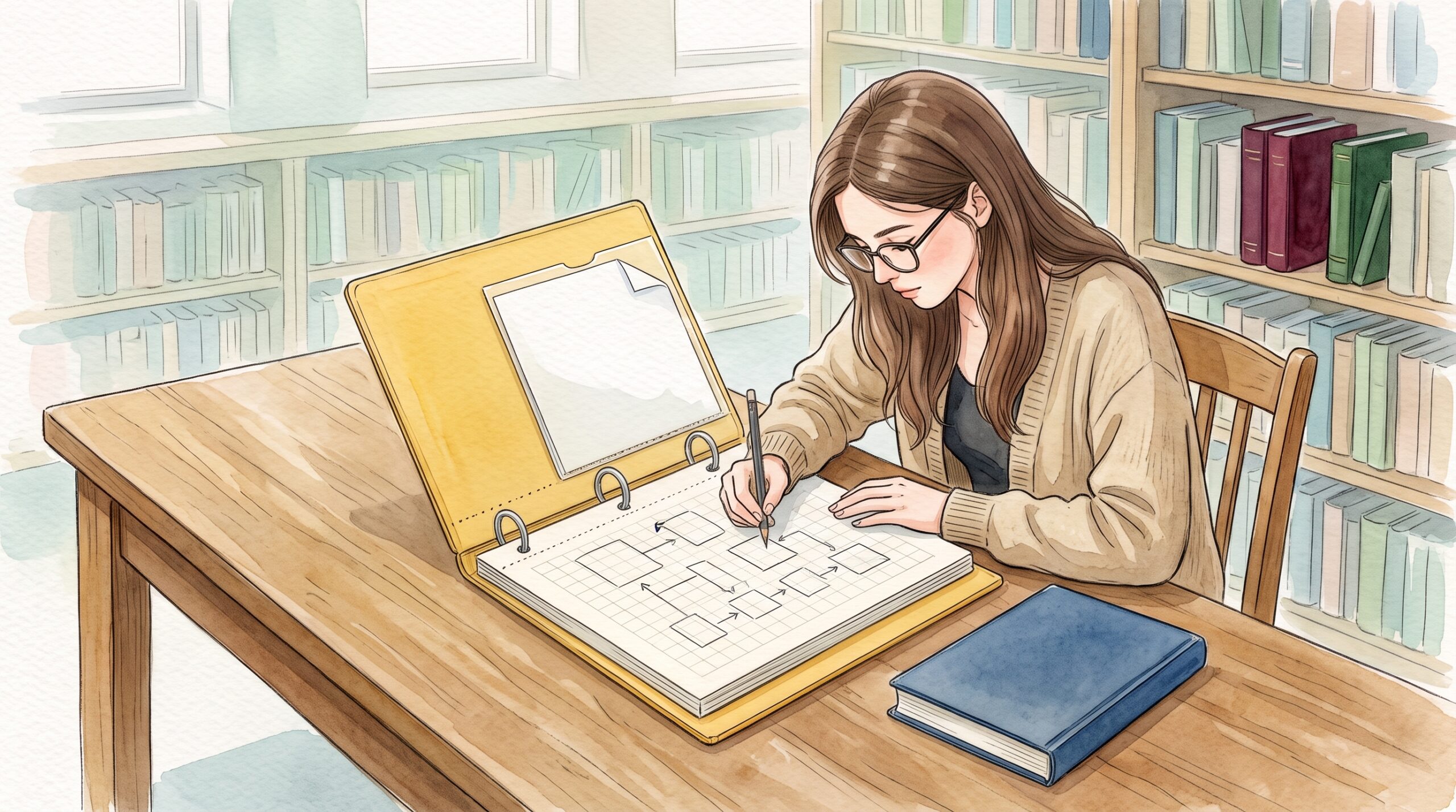 大学図書館の広い机で、大きめの黄色いリングノートを見開きにして書き込む眼鏡の女性と、ポケットに挟んだ二つ折りの紙