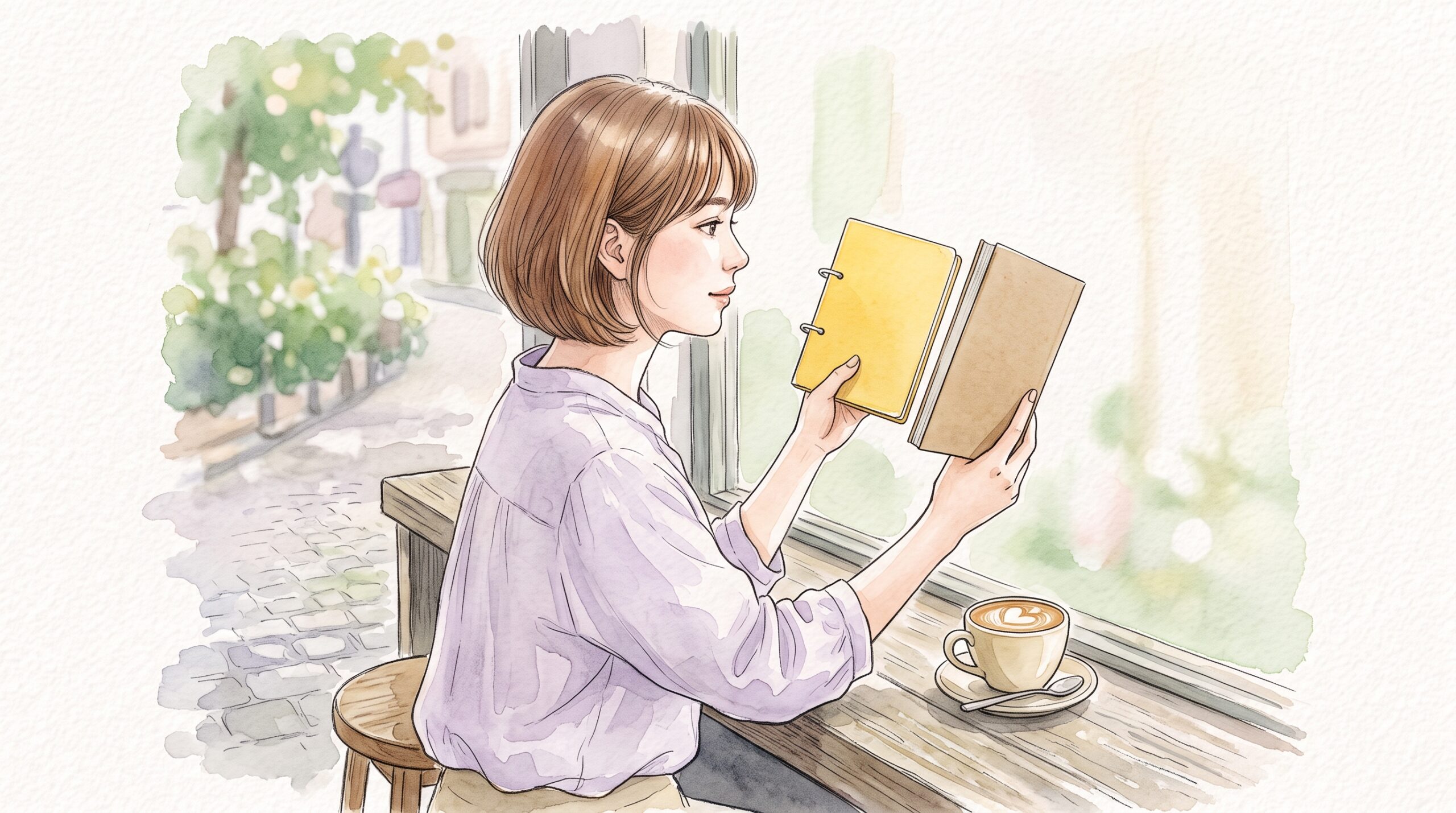 カフェの窓際で、黄色い小さめのリングノートと文庫本を両手に持って大きさを見比べる女性の横顔