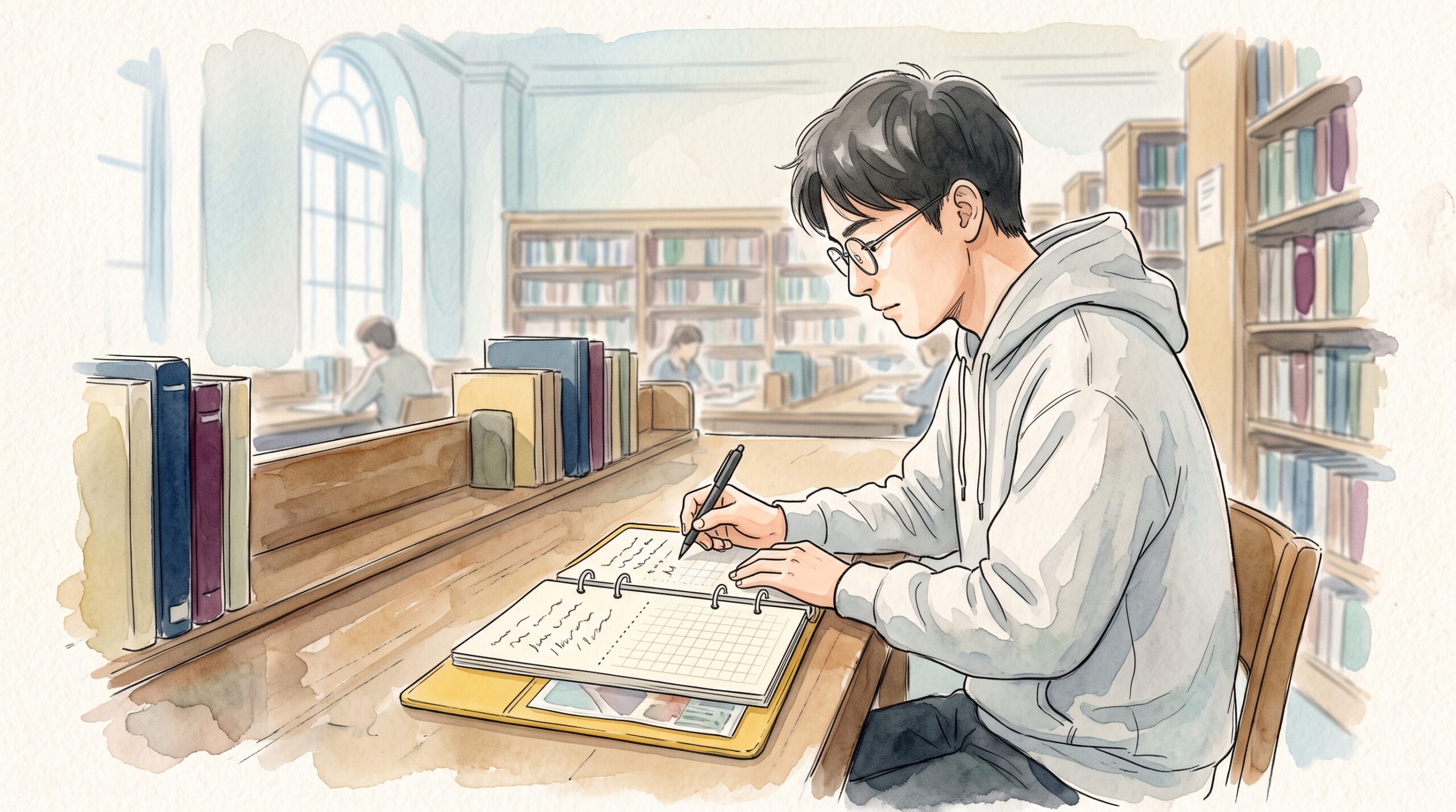図書室の閲覧席で、眼鏡の男性が左右のページを書き分けながら黄色いリングノートに勉強の内容を書いている