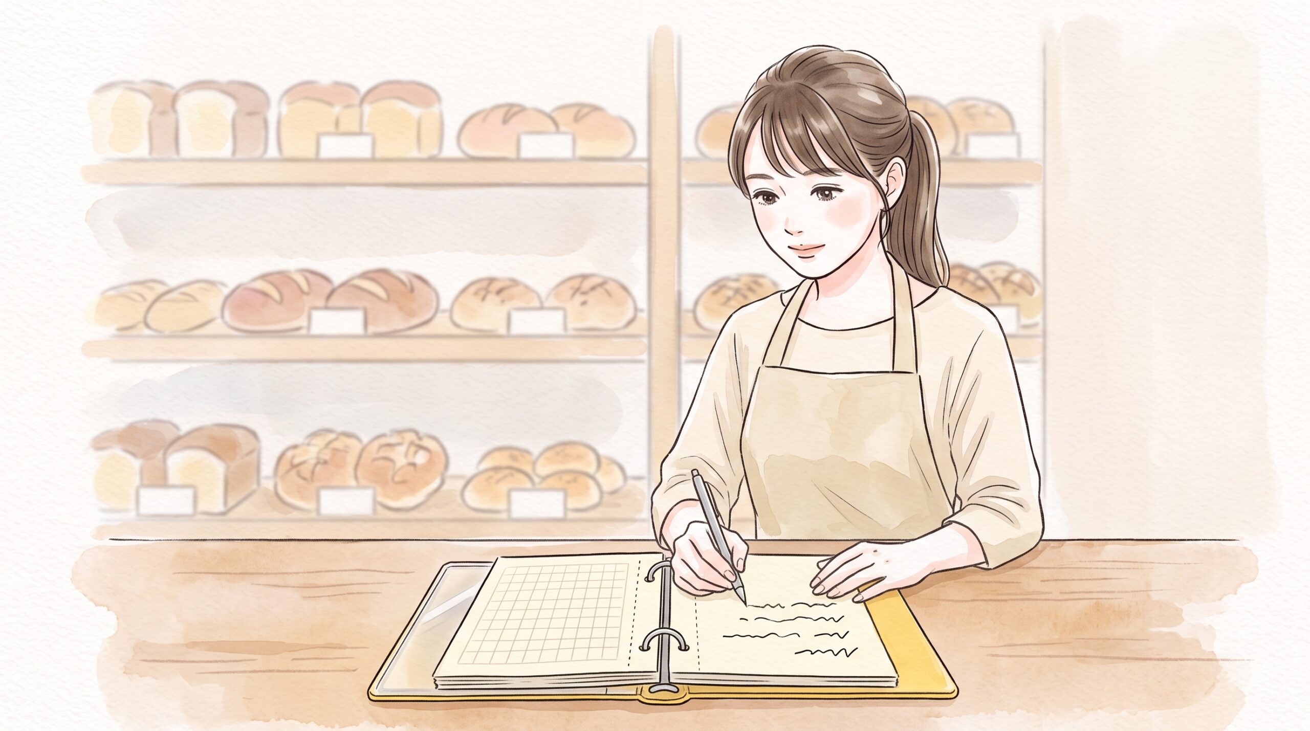 小さなパン屋のカウンターで、エプロン姿の女性がカウンターに開いて置いた黄色いリングノートに立ったままメモを取っている