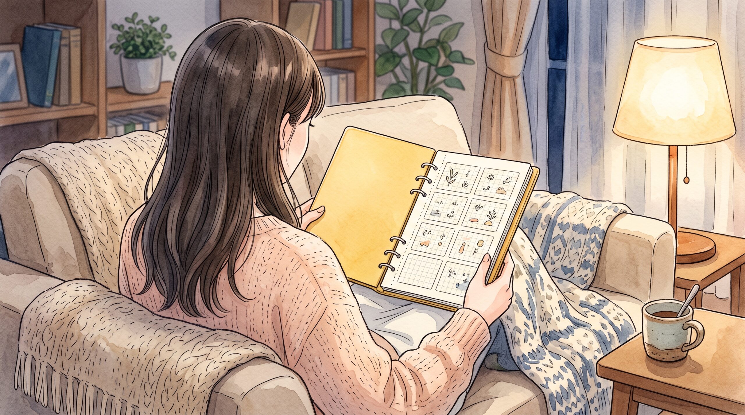 夜のリビングのソファで、女性が膝の上の黄色いリングノートを8つの枠に区切り、一言ずつ書き込んでいる後ろ姿