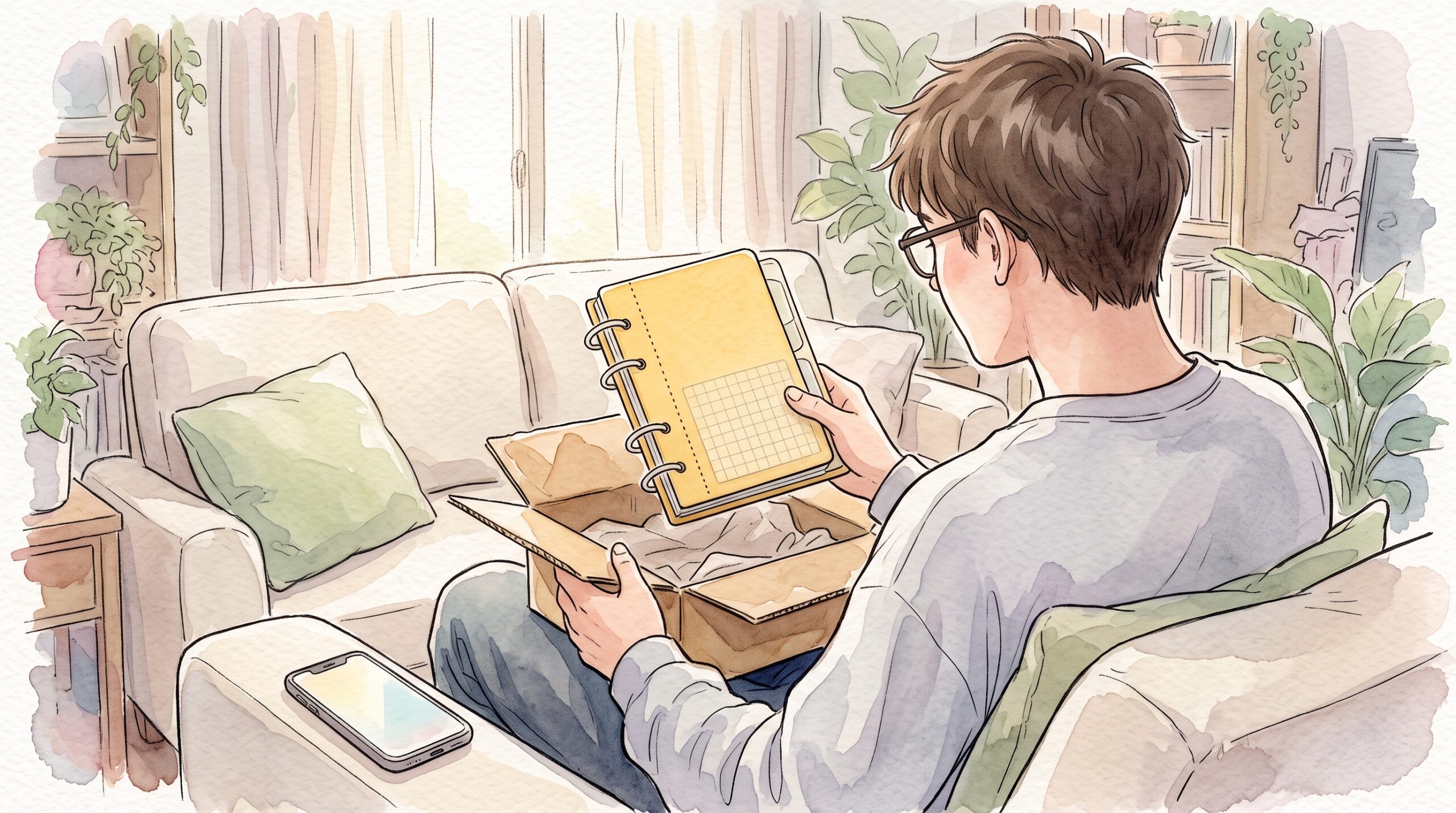 自宅のソファで、届いた小さな段ボール箱から黄色いリングノートを取り出す眼鏡の男性
