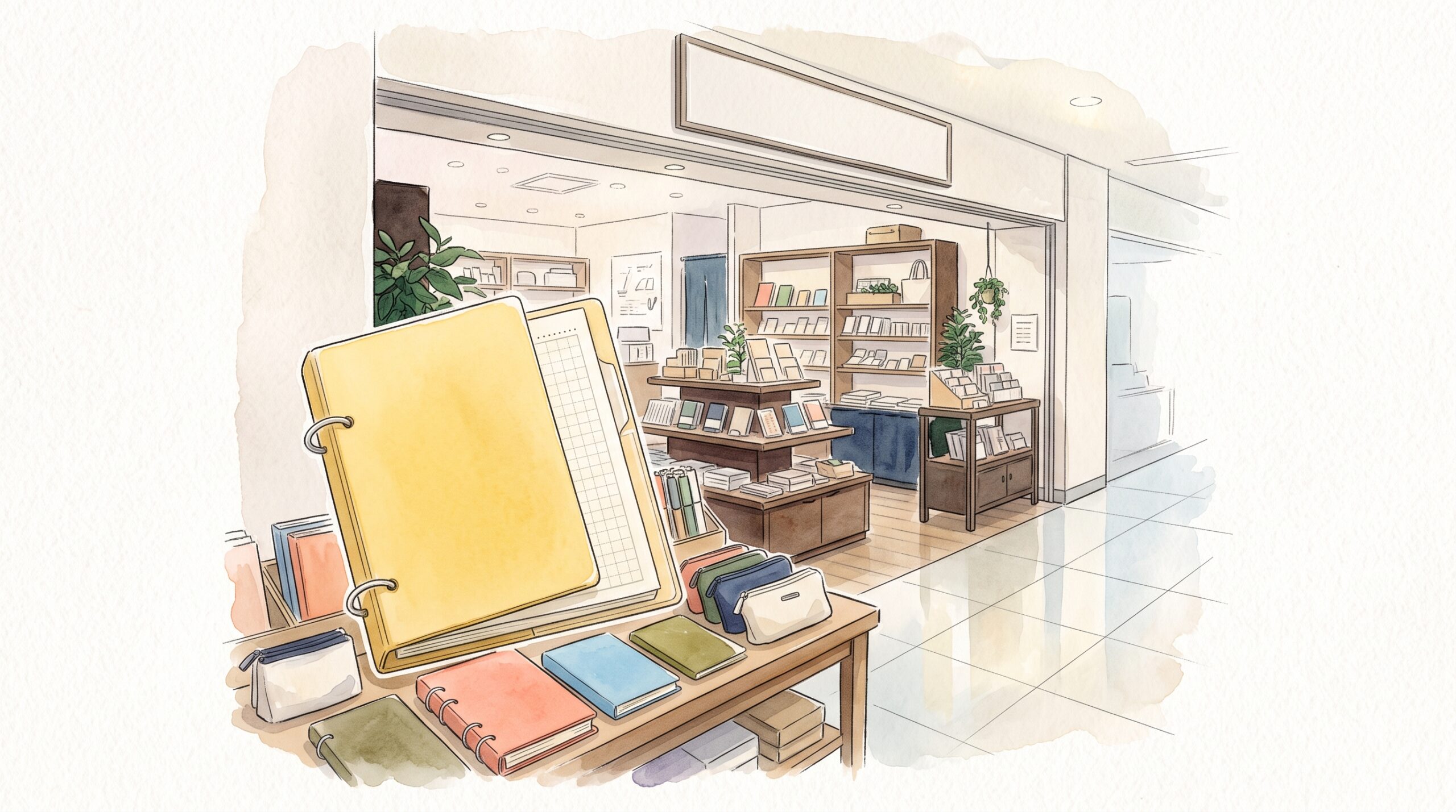 駅ビルの通路に面した文具店の入口で、平台に並べられた黄色いリングノートと色とりどりのノート
