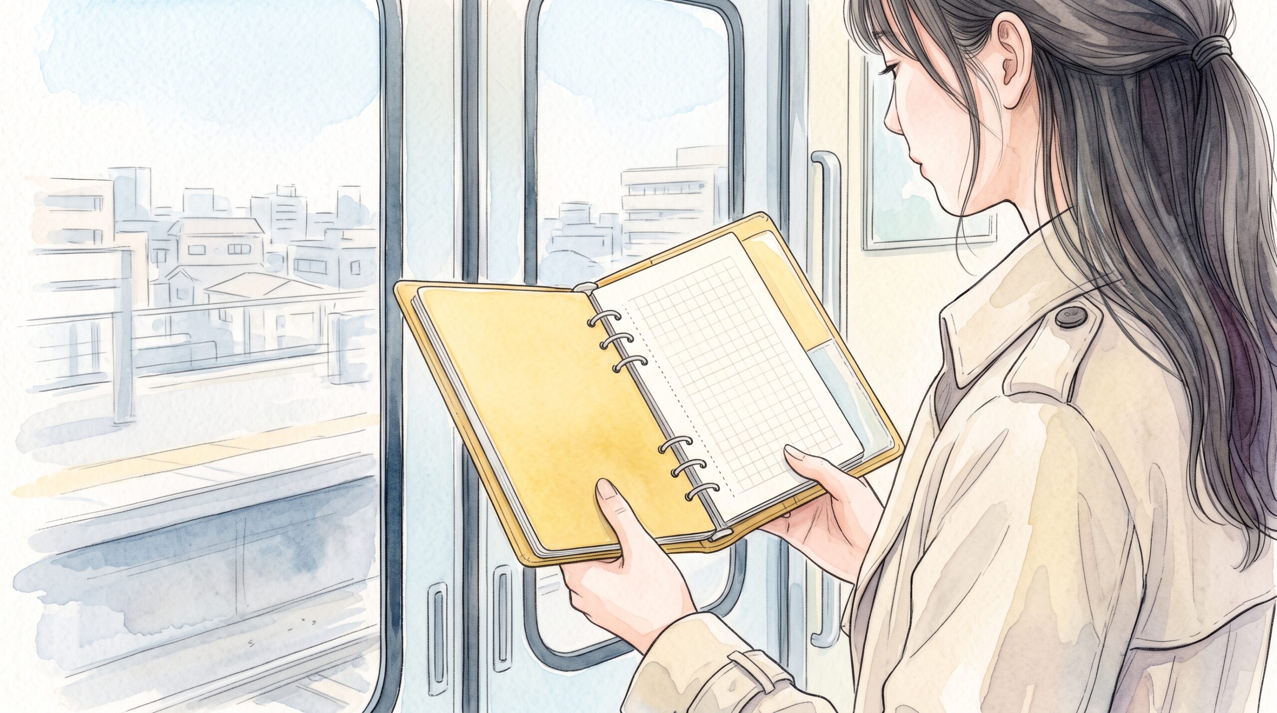 電車のドア横に立ち、窓の外の街並みを背に黄色いリングノートを開く女性の手元