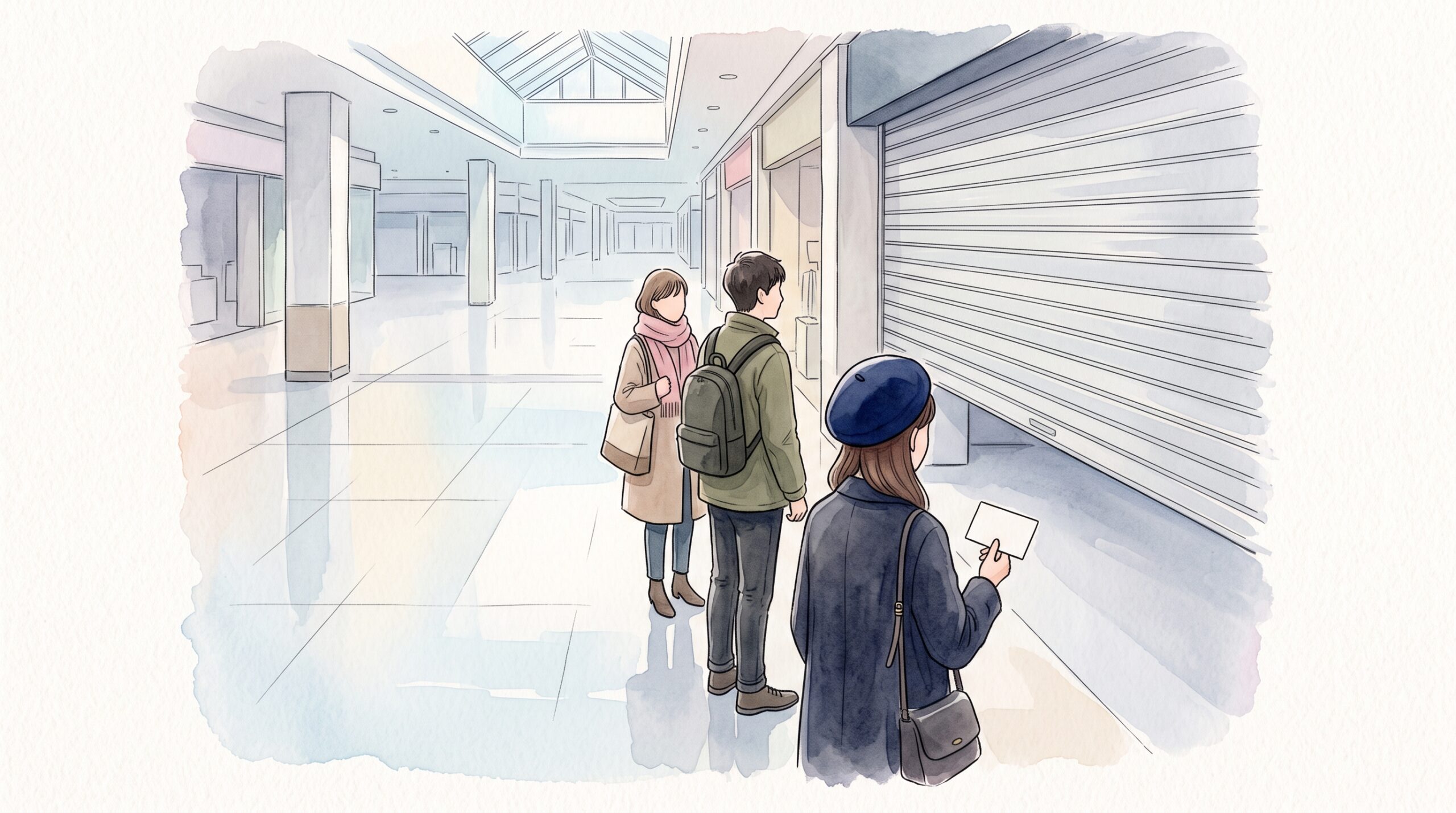 開店前の商業施設の通路で、シャッターの前に並ぶ人たちと、無地の小さな券を手にした先頭の人