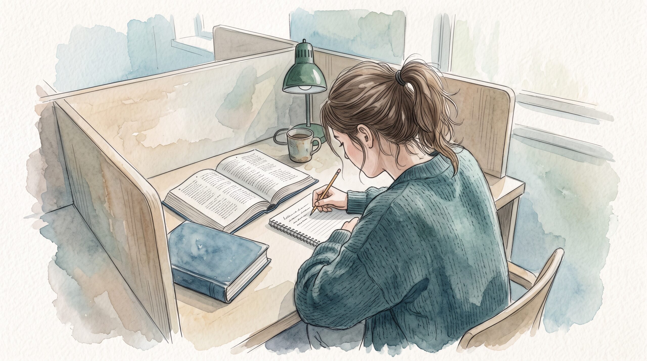 図書館の机で教科書を見ながらノートに書き写す様子を後ろから見た場面