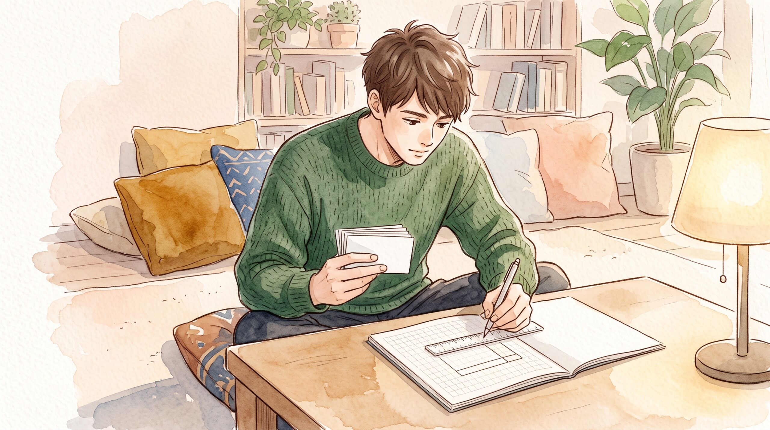 リビングの低いテーブルで、フラッシュカードと方眼ノートを並べて勉強する男性