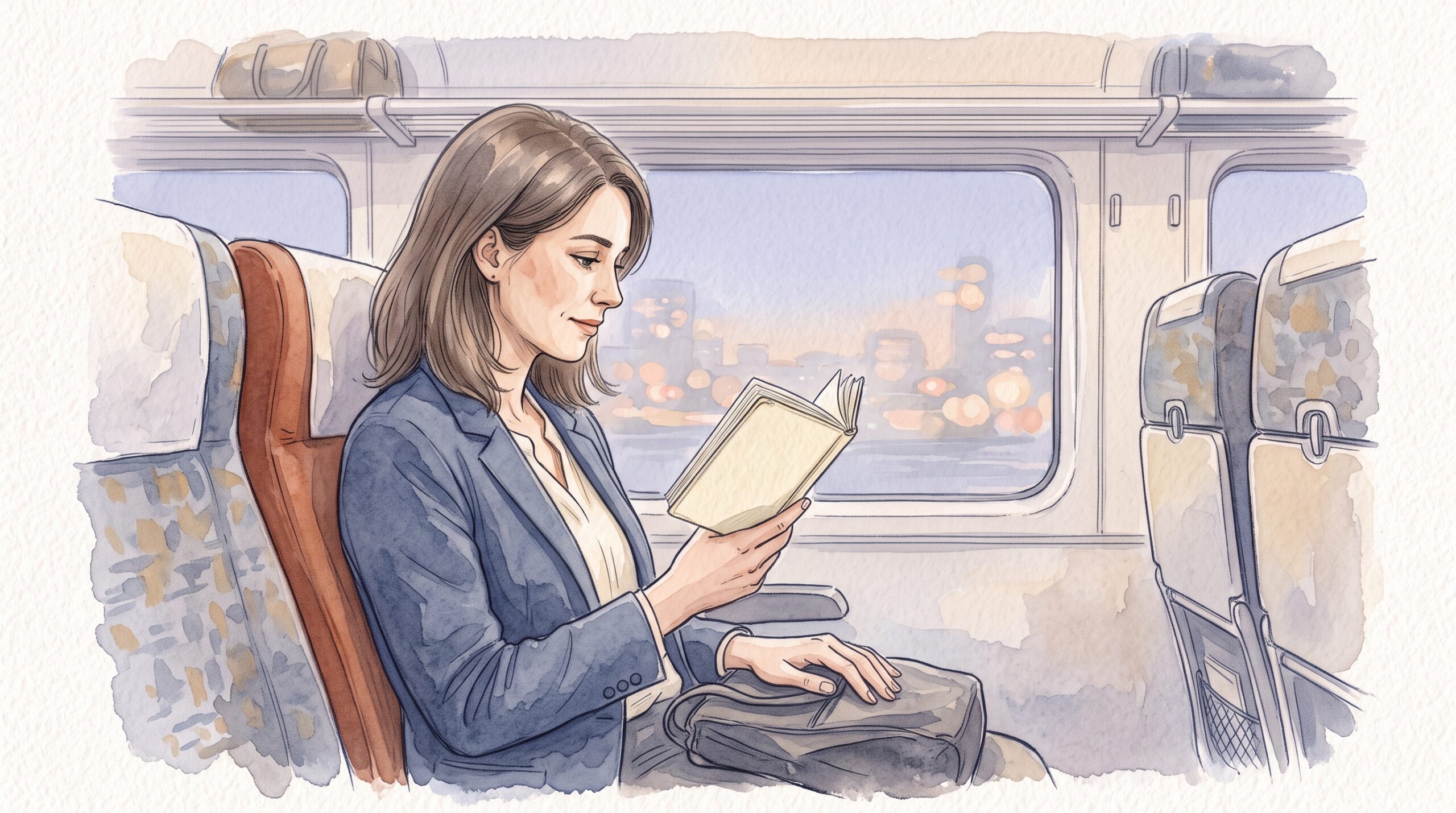 電車の中で小さなノートを胸元に持ち、前日に書いた内容を読み返す社会人の女性