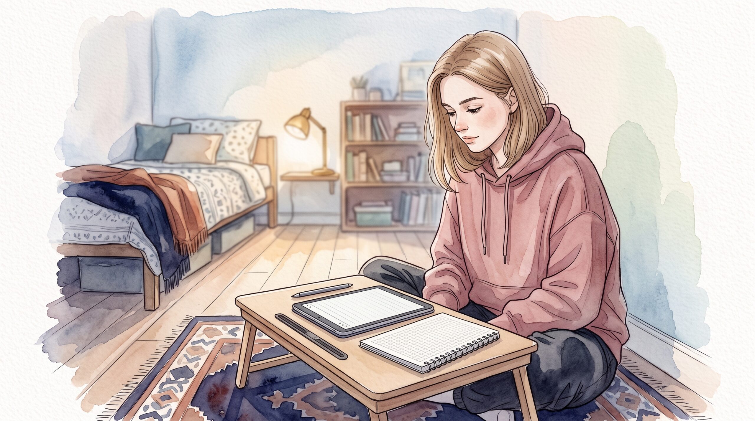 寮の部屋で床に座り、タブレットとノートを並べて使い分ける人の手元