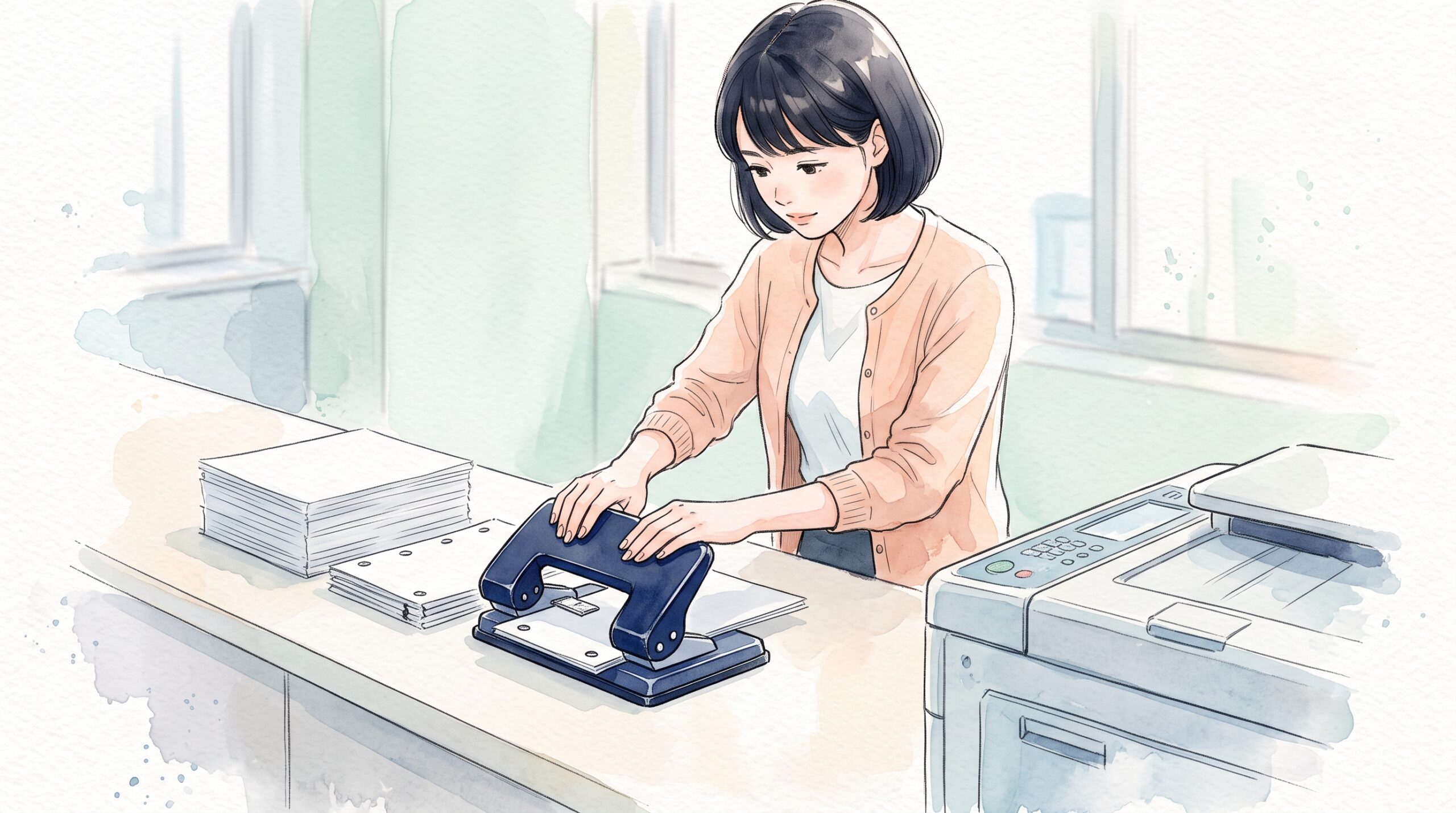 職場のカウンターで、書類を少しずつ取り分けて紺色の2穴パンチで穴を開ける女性