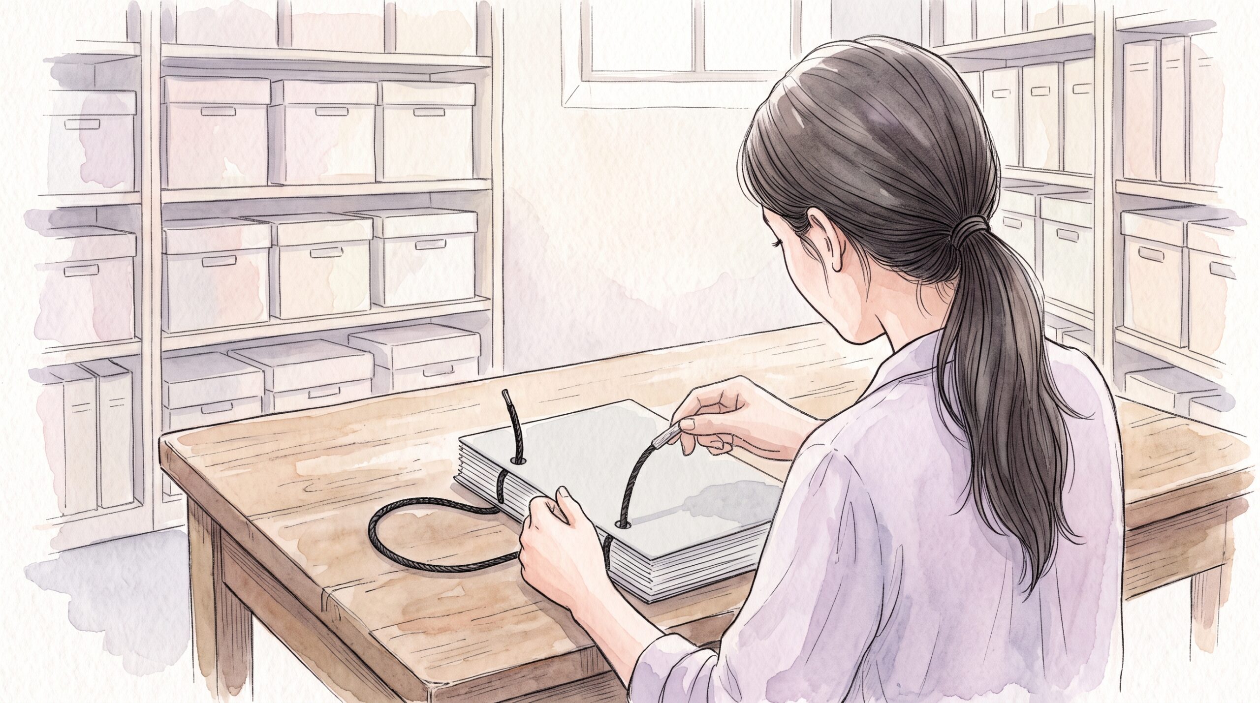 資料室の作業台で、厚い書類の2つの穴に黒い綴じ紐の先を差し込んで通す女性の手元