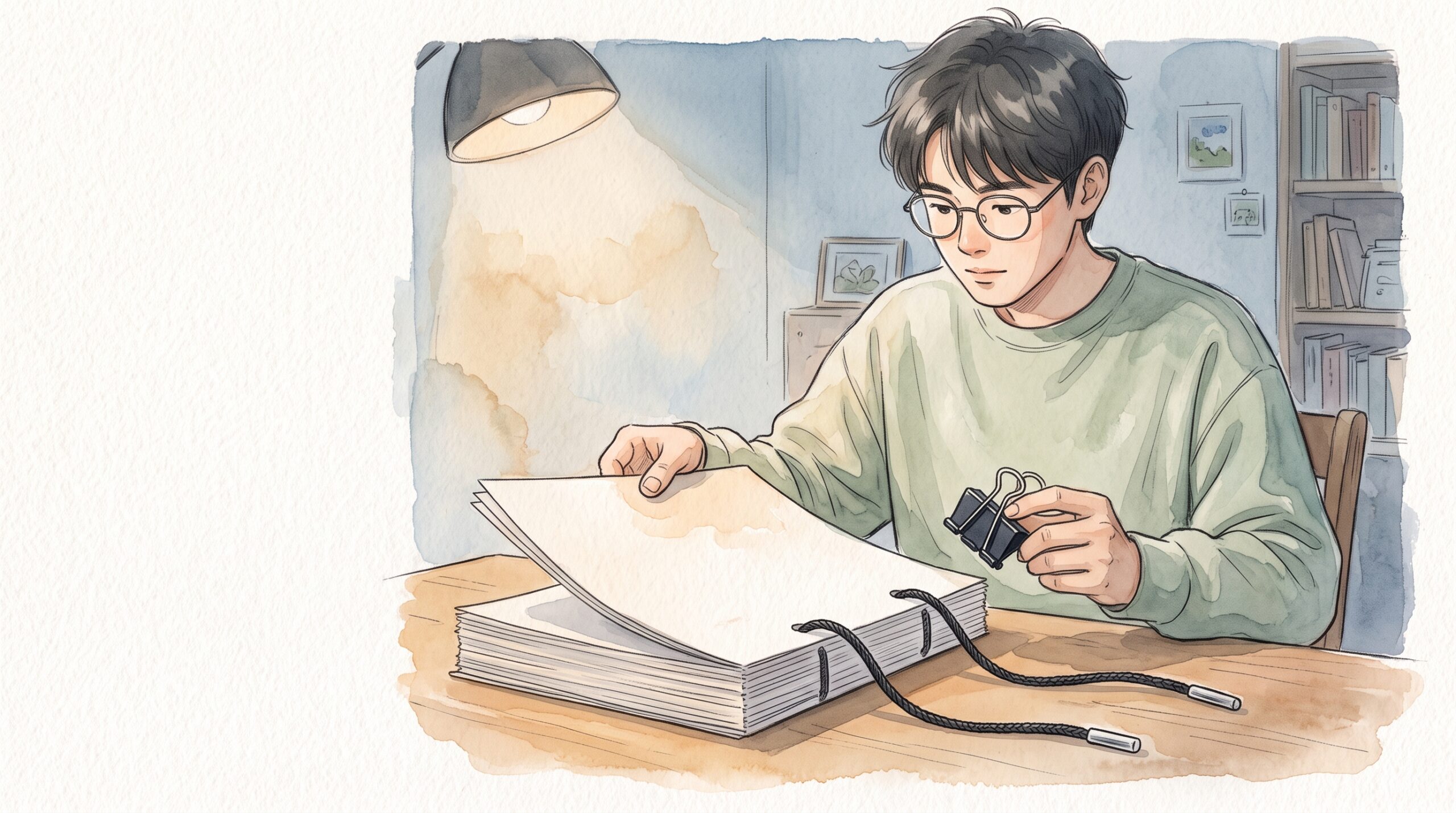 夜の書斎で、紐をほどいた書類束の上の部分を持ち上げ、クリップで留めようとする男性