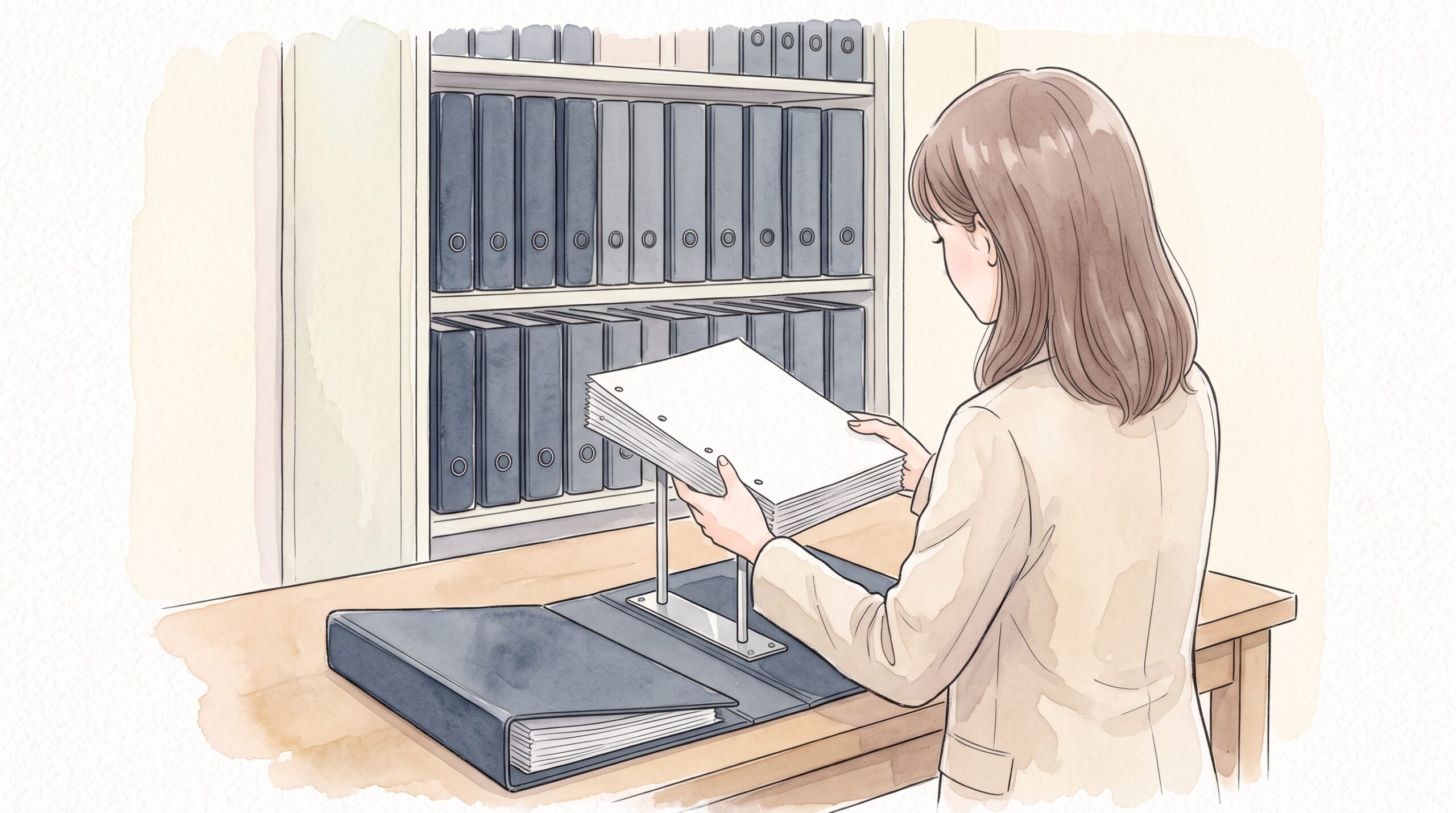 オフィスの棚の前で、グレーのパイプ式ファイルの2本の金具に書類の束を通す女性の後ろ姿