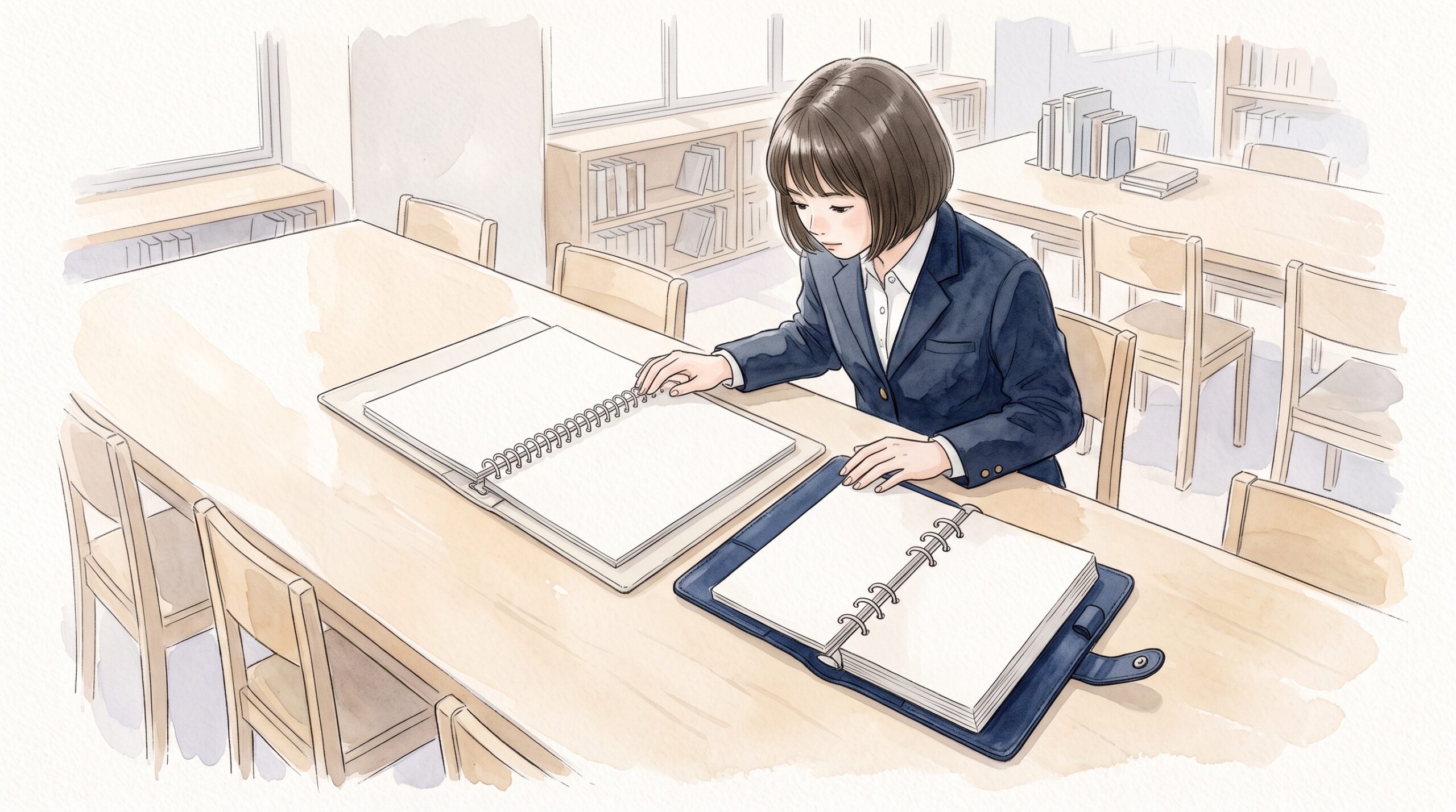 図書室の机で、リングがたくさん並んだA4のルーズリーフバインダーと、リング6つの小さなシステム手帳を見比べる学生