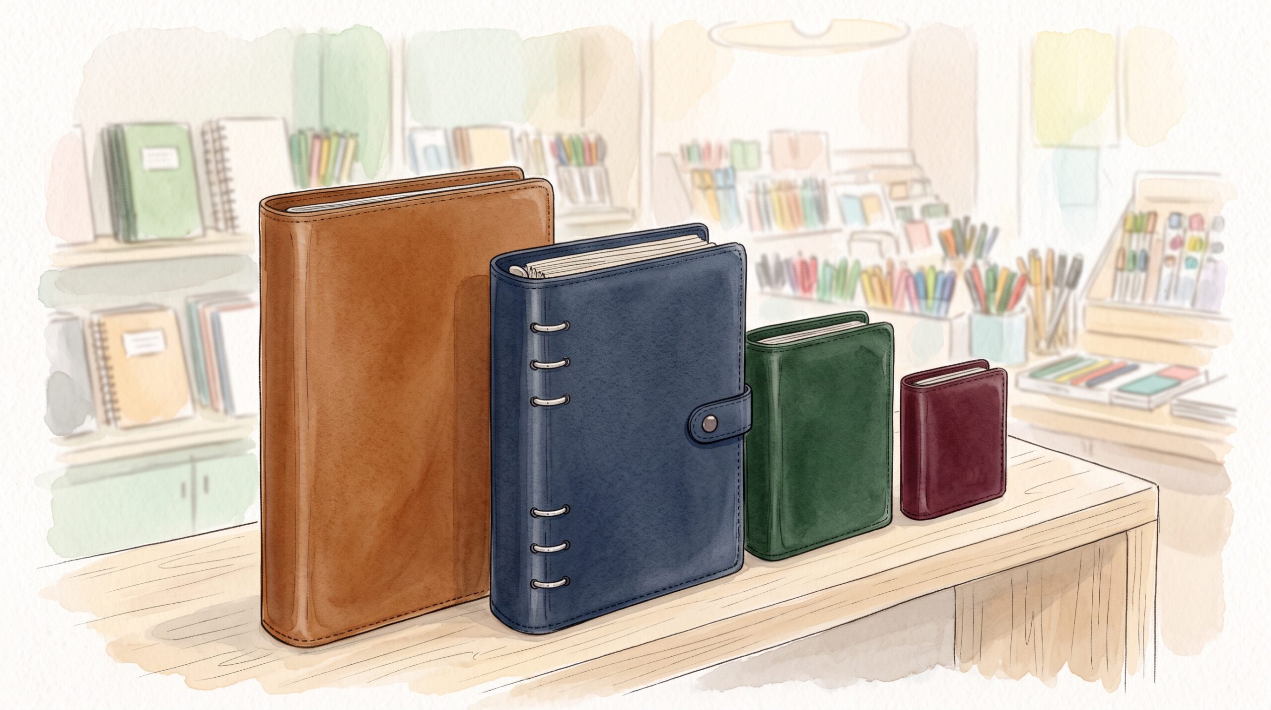 文具店の棚に大きい順に並んだ4冊のシステム手帳。大きなものから手のひらほどの小さなものまでサイズが違う