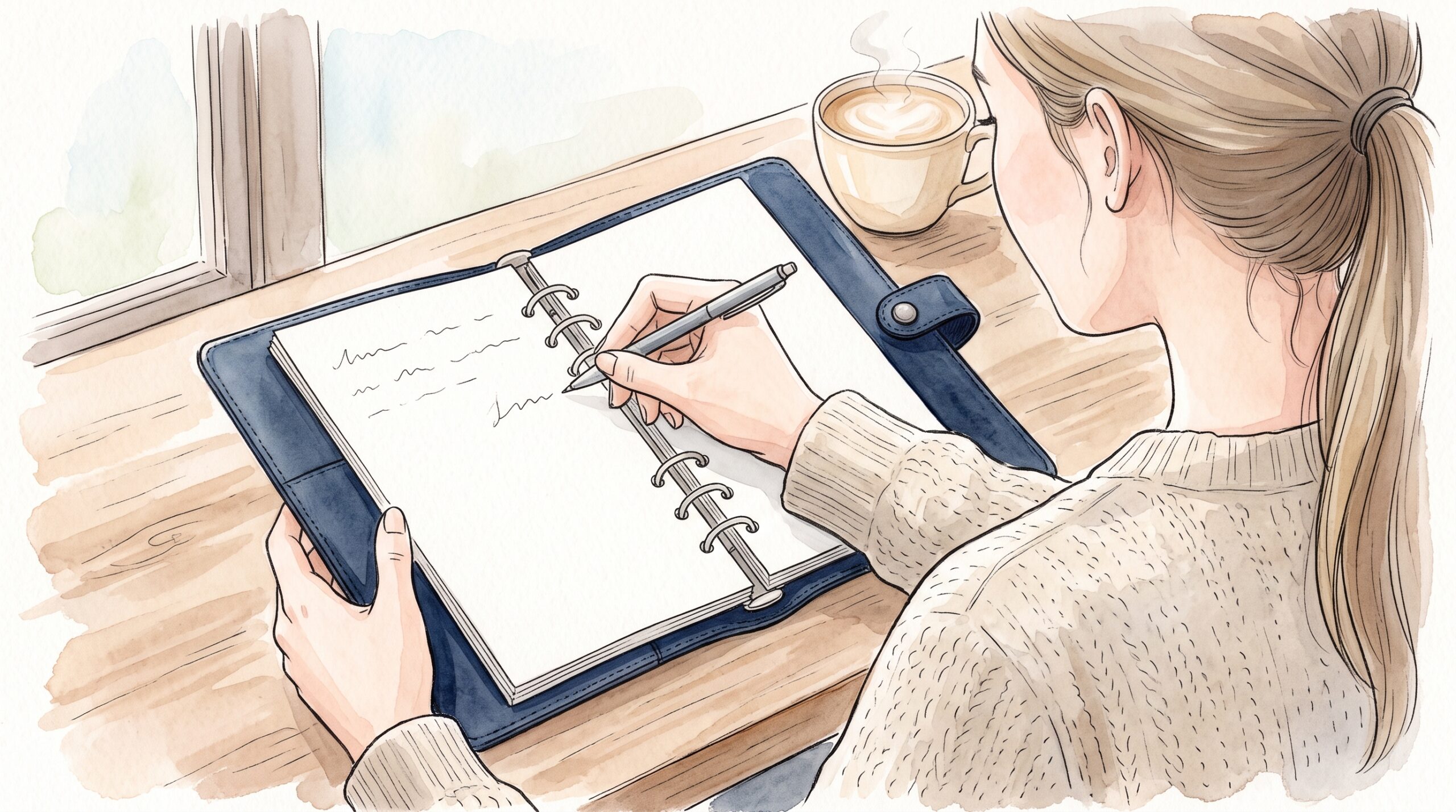 カフェの席で、開いたシステム手帳の左ページに書こうとする手。手の側面が中央の銀色のリングに当たっている