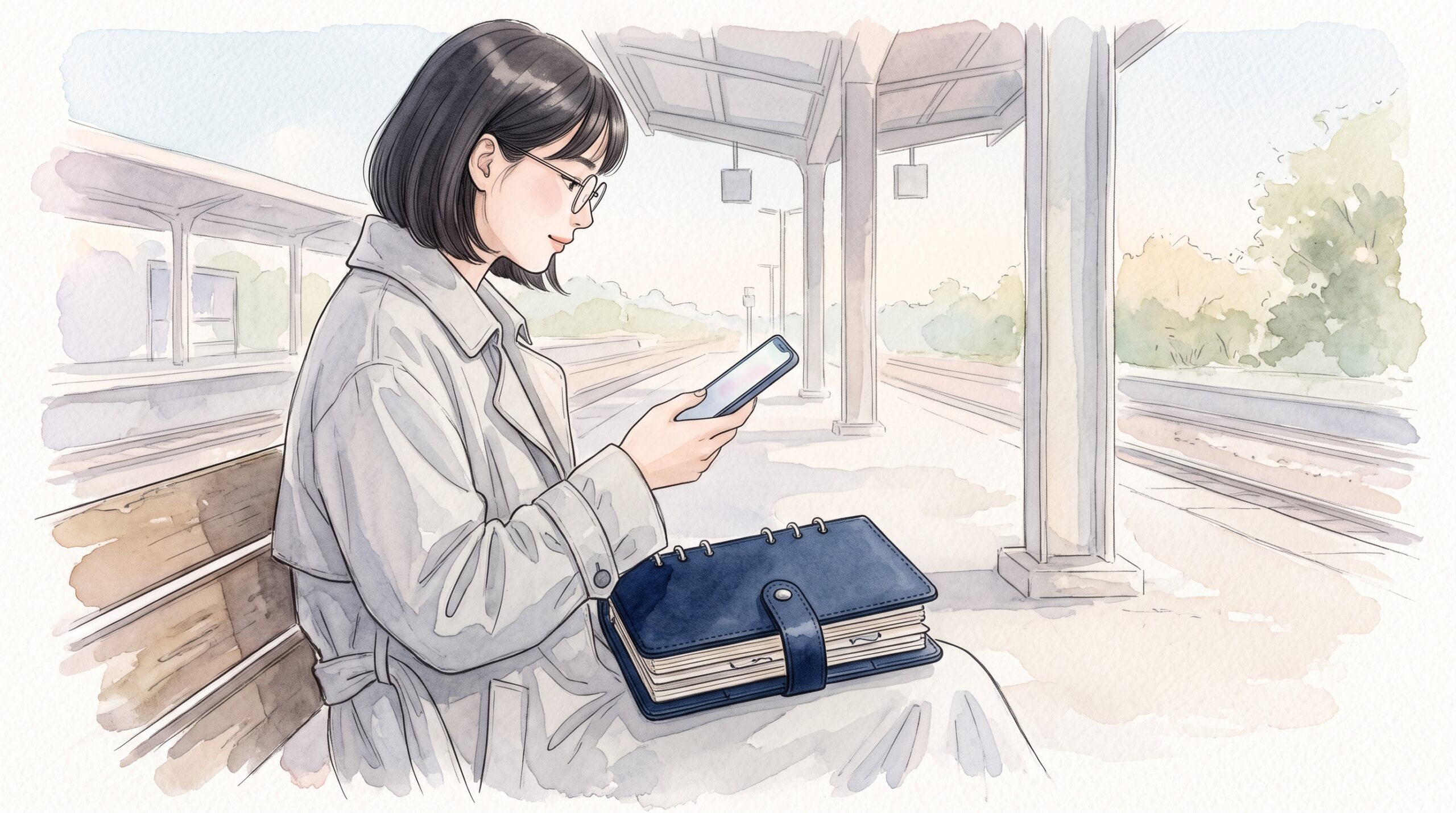 駅のベンチでスマートフォンを見ながら、膝の上に紺色のシステム手帳を置いている女性の横顔