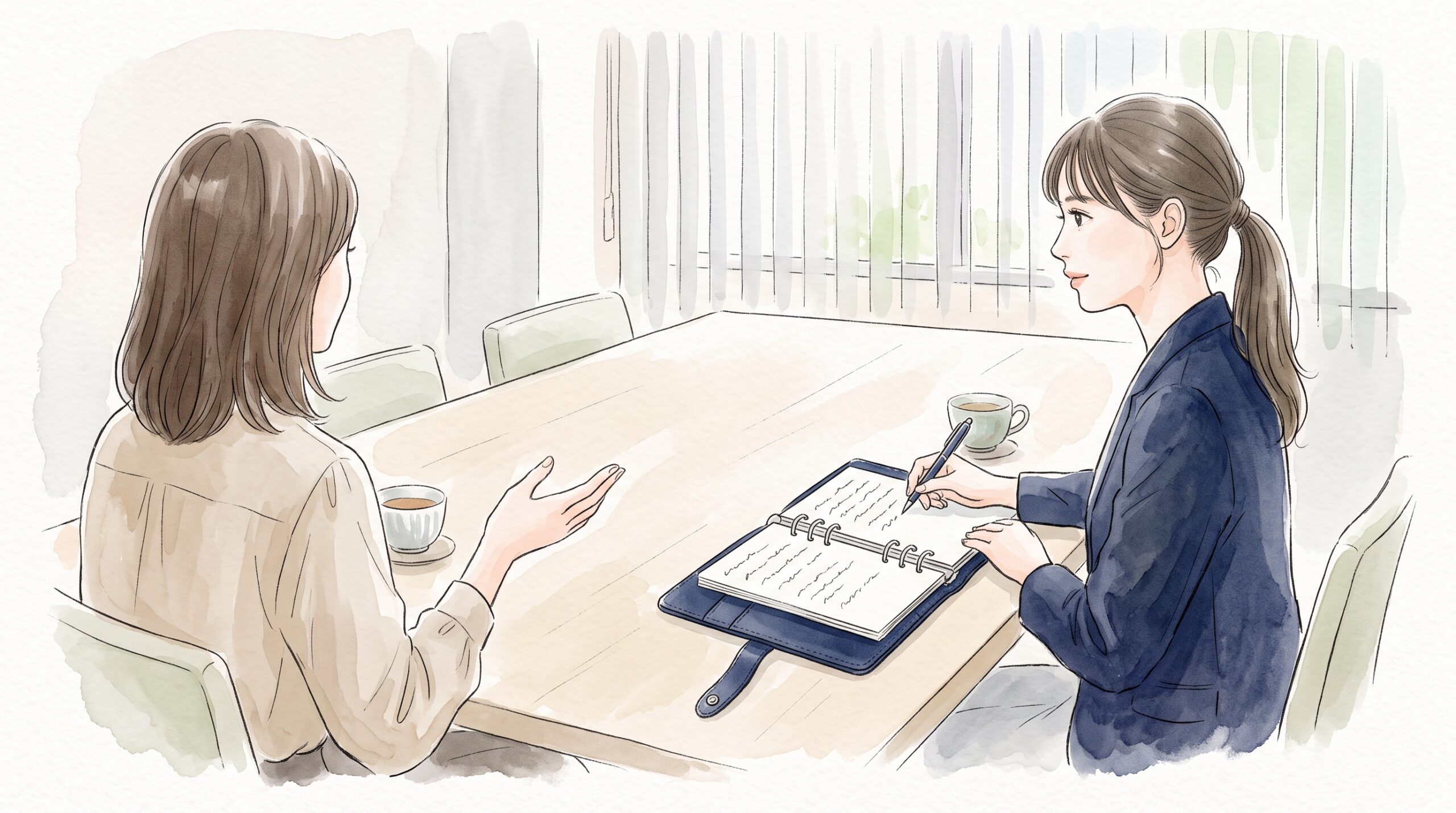 明るい会議室で、向かいの相手の話を聞きながら開いたシステム手帳にメモを取る女性