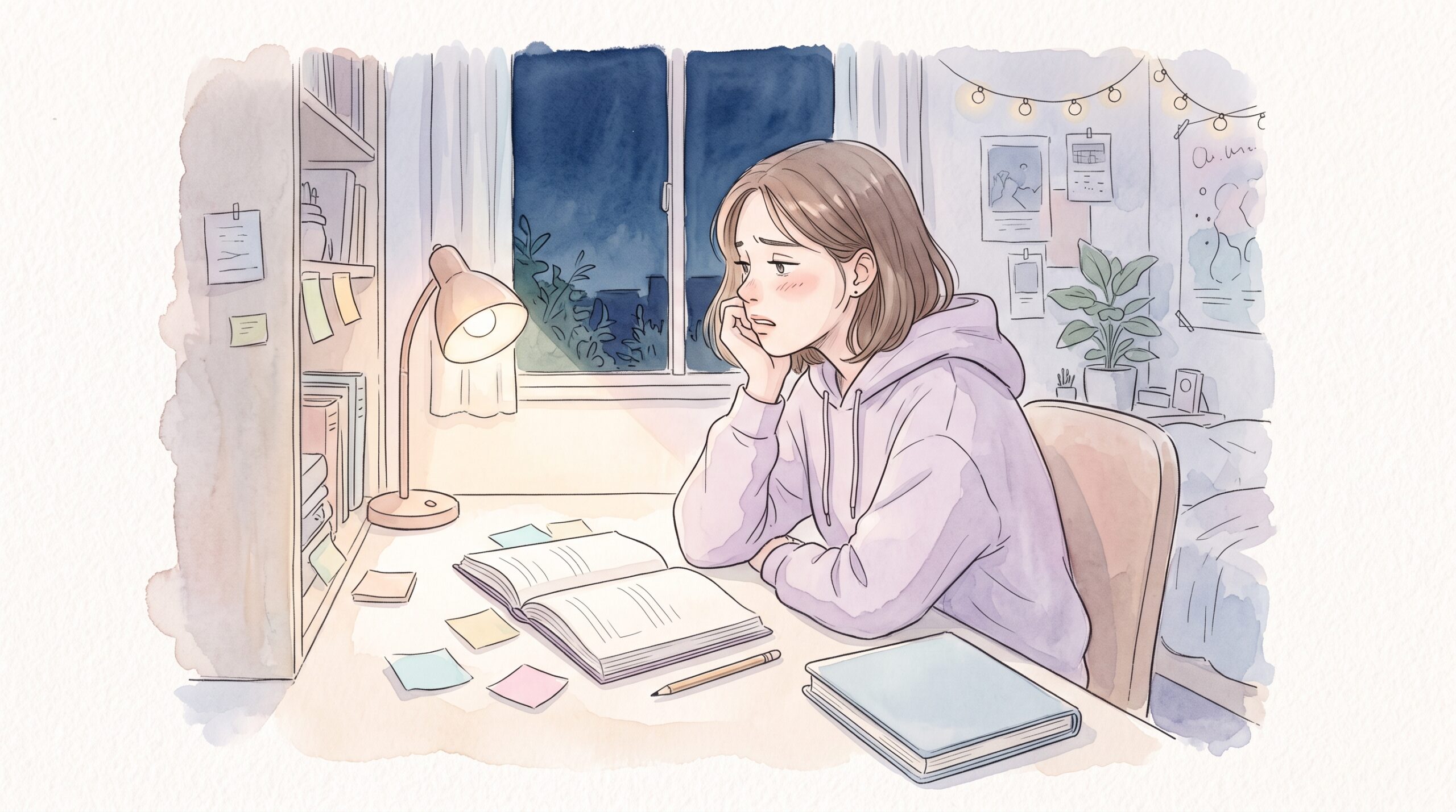 夜の自室の机で、閉じた手帳を端に寄せたまま頬杖をついてため息をつく女性の横顔