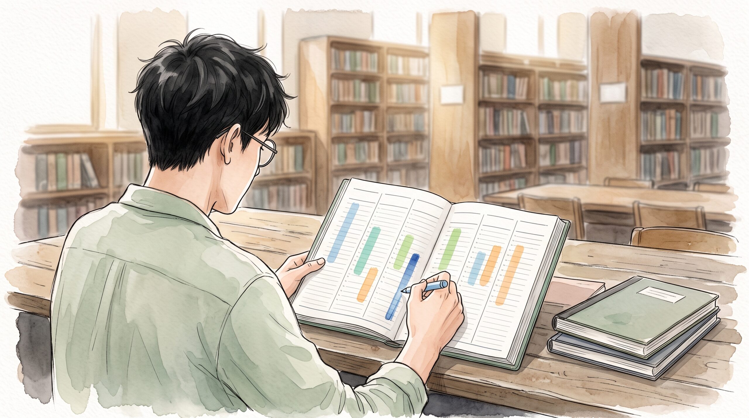 図書館の閲覧席で、勉強を終えてバーチカル手帳の列にマーカーで帯を塗る男性の肩越しの眺め