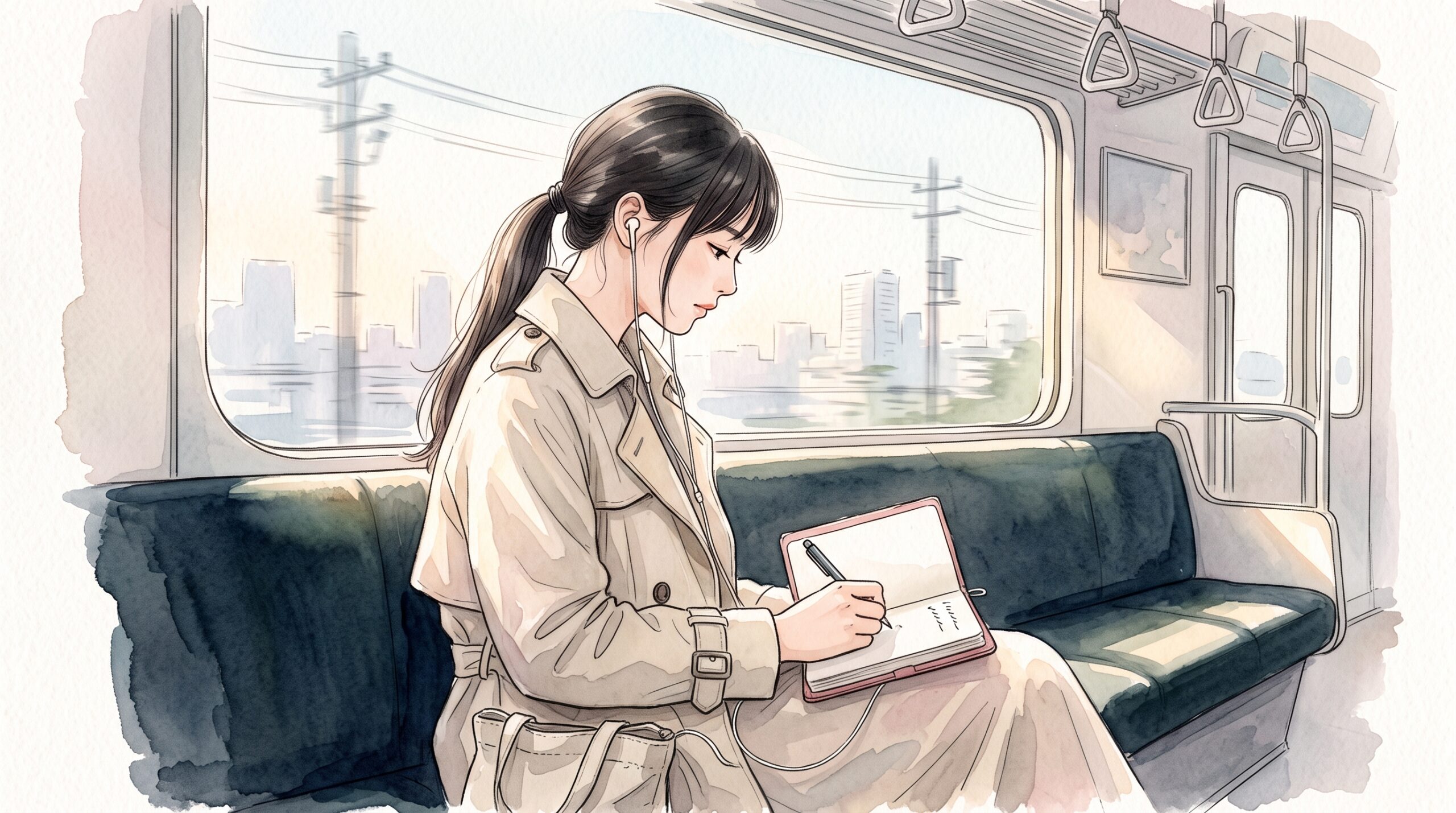 朝の通勤電車の座席で、膝の上の小さなノートに勉強した時間を書き足す女性の横顔