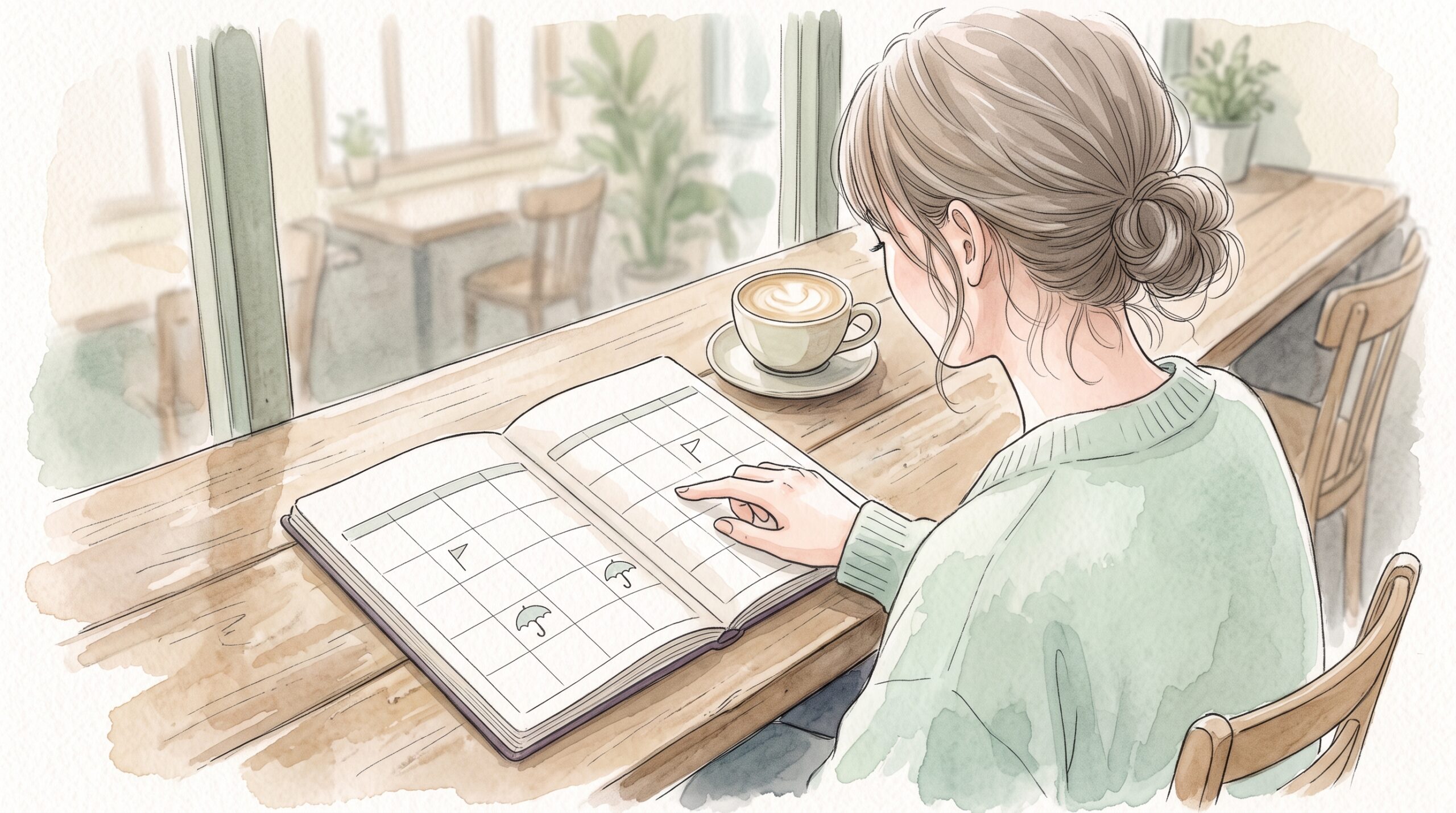 カフェの窓際の席で、小さな旗や傘の記号が描かれた手帳を指でなぞりながら見返す女性の肩越しの姿