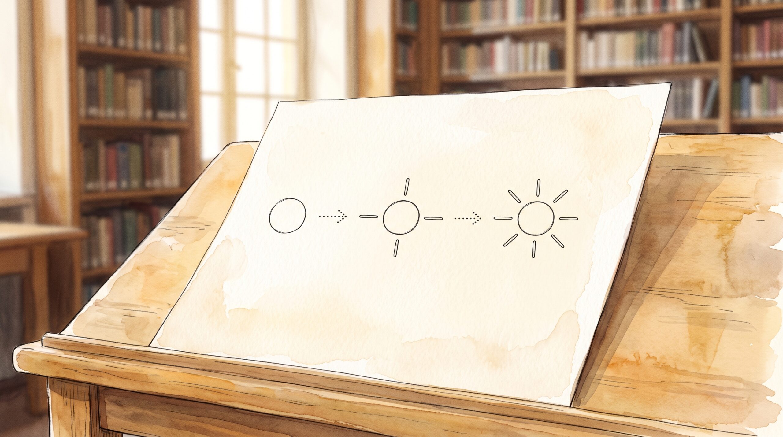 薄いクリーム色の紙に、丸だけ、丸に4本の線、丸に8本の線と、太陽の記号を描く3段階が左から右へ並ぶ