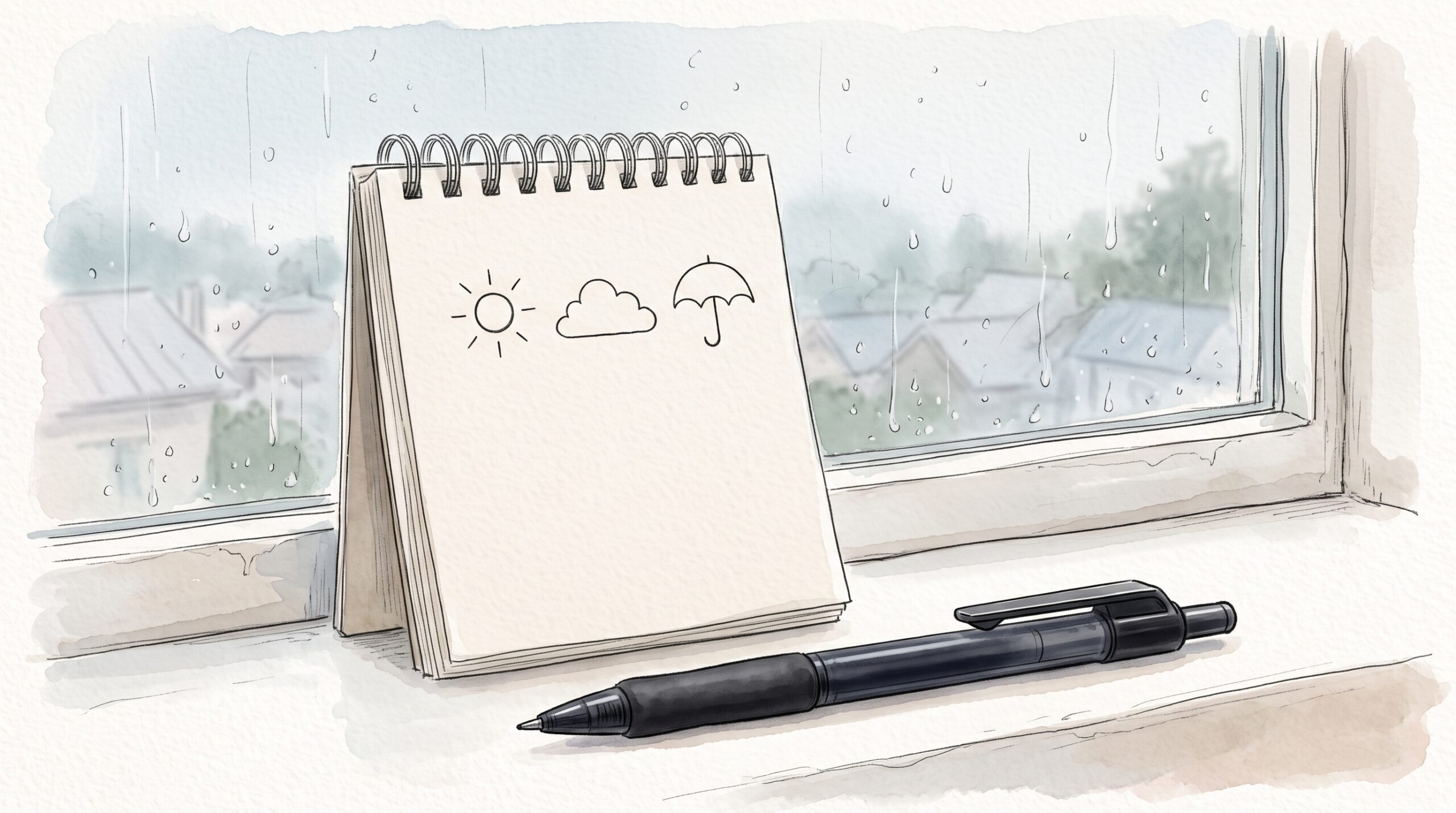 雨粒のついた窓辺に立てかけたメモ帳に、太陽・雲・傘の3つの天気の記号が並び、横に黒い細いペンが1本置かれている