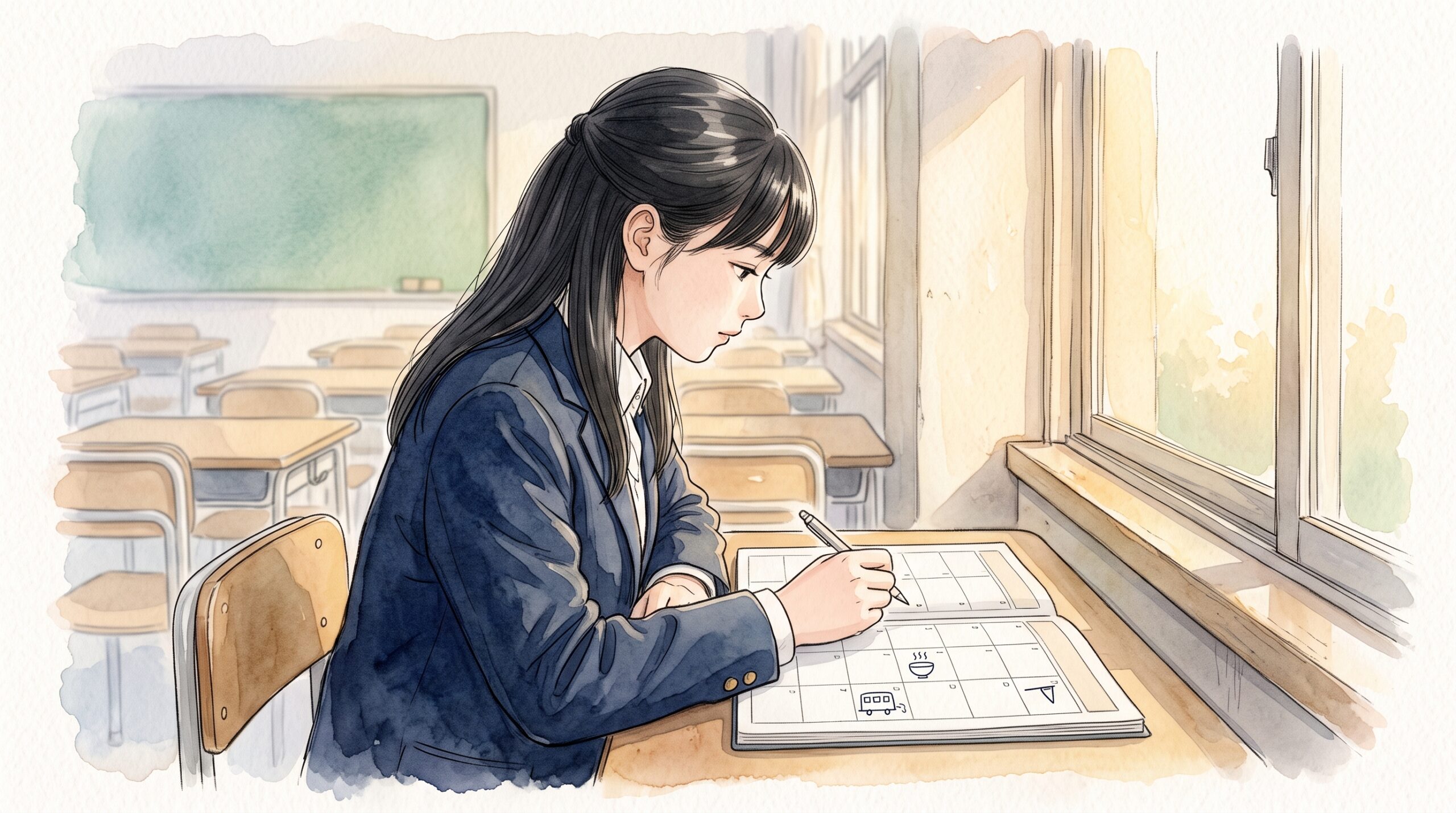 放課後の教室の窓際で、机に開いた手帳のマスに電車やおわん、旗の小さな記号を描く制服姿の女子学生の横顔