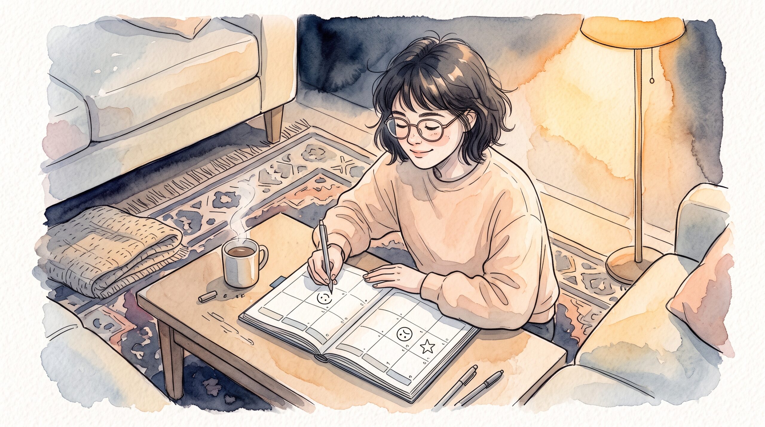 夜のリビングのローテーブルで、手帳の欄に笑顔の記号を描く女性。同じページにしょんぼり顔と星の記号も見える