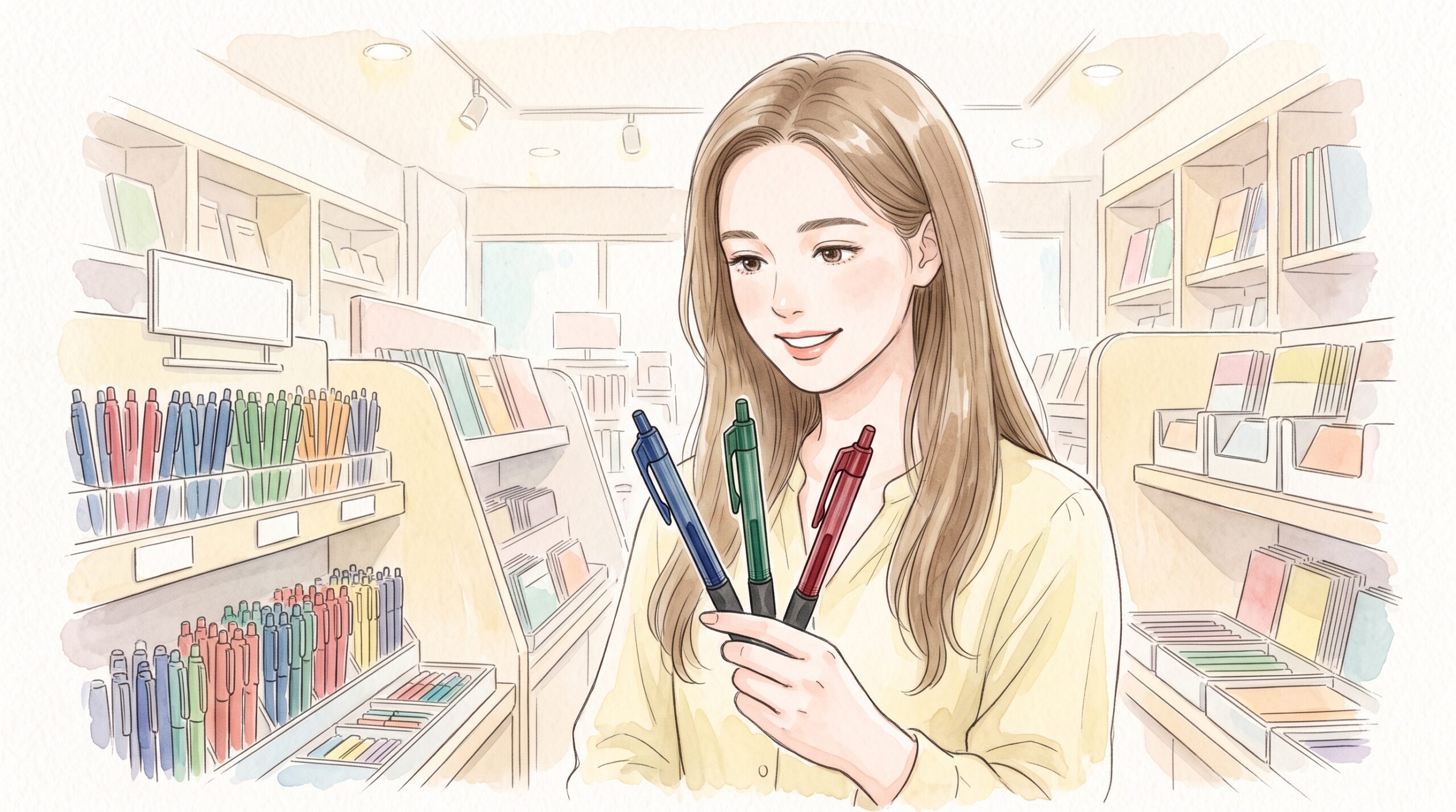 文房具店のペン売り場で、色とりどりの細いペンの中から青・緑・赤の3本を手に取って見比べる女性