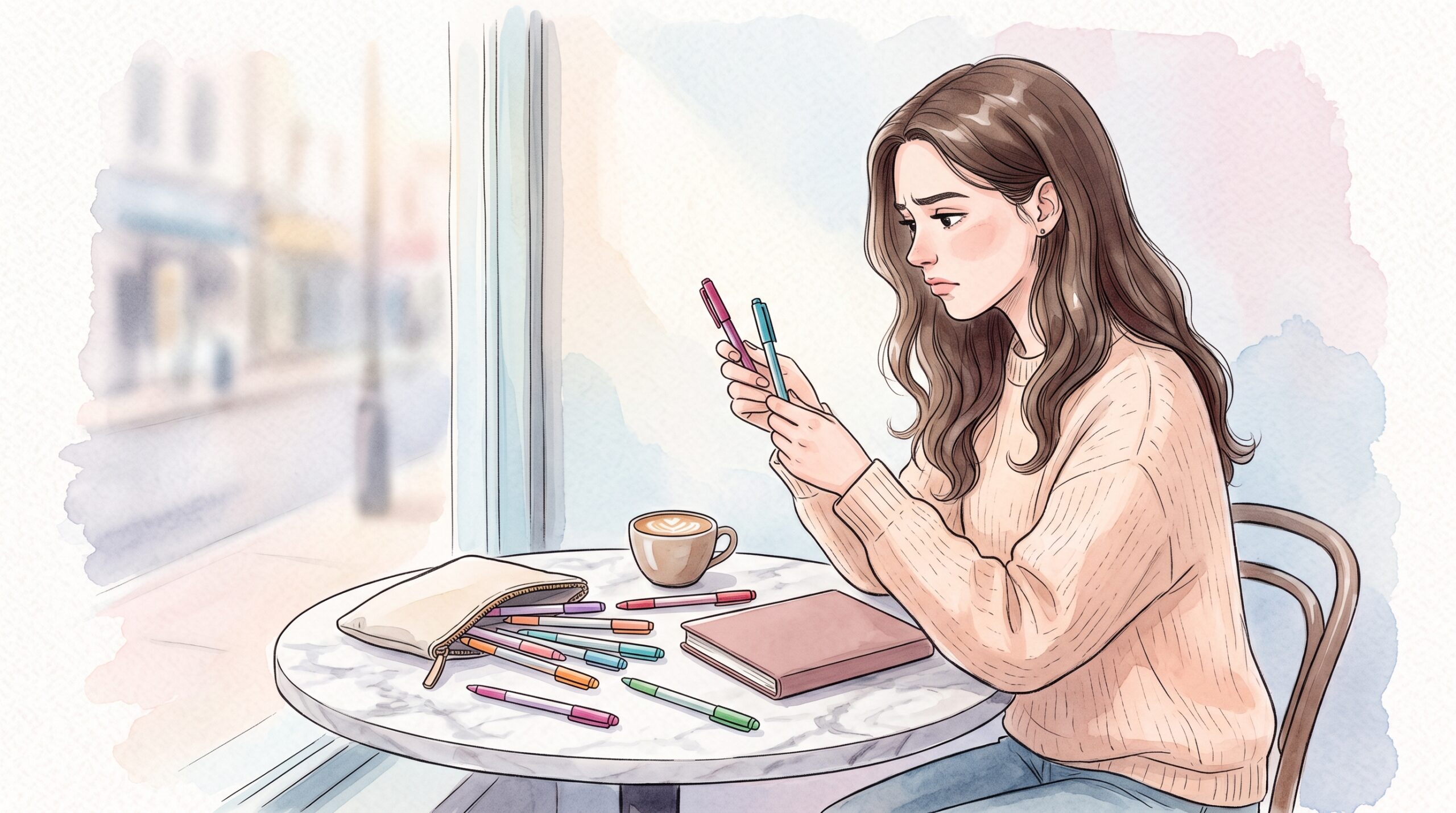カフェのテーブルで、ペンケースから出した何本もの色ペンを前に、どれを使うか迷う女性の横顔