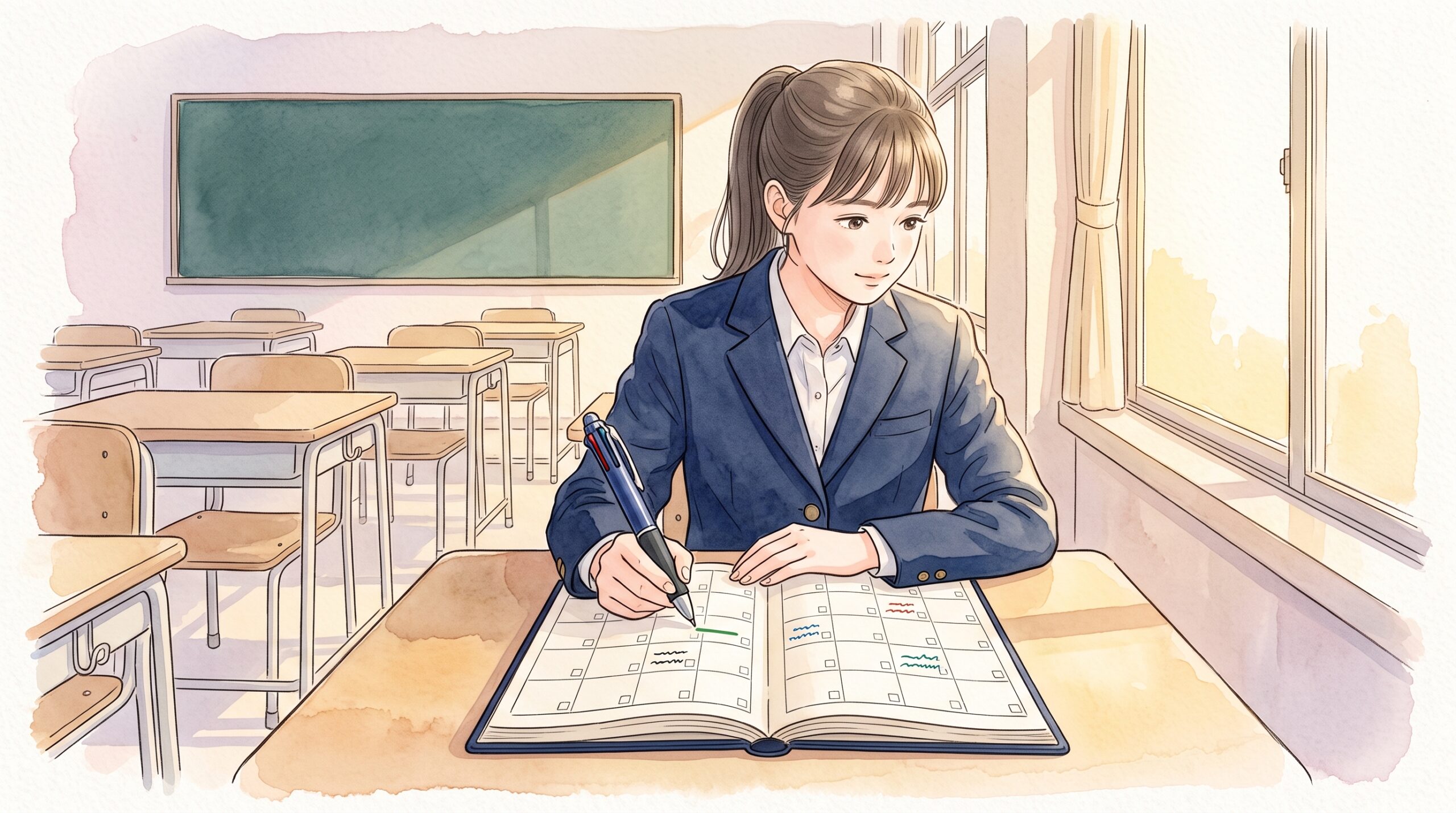 放課後の教室の窓際の席で、4色ボールペンを使って手帳に書き込む制服の学生