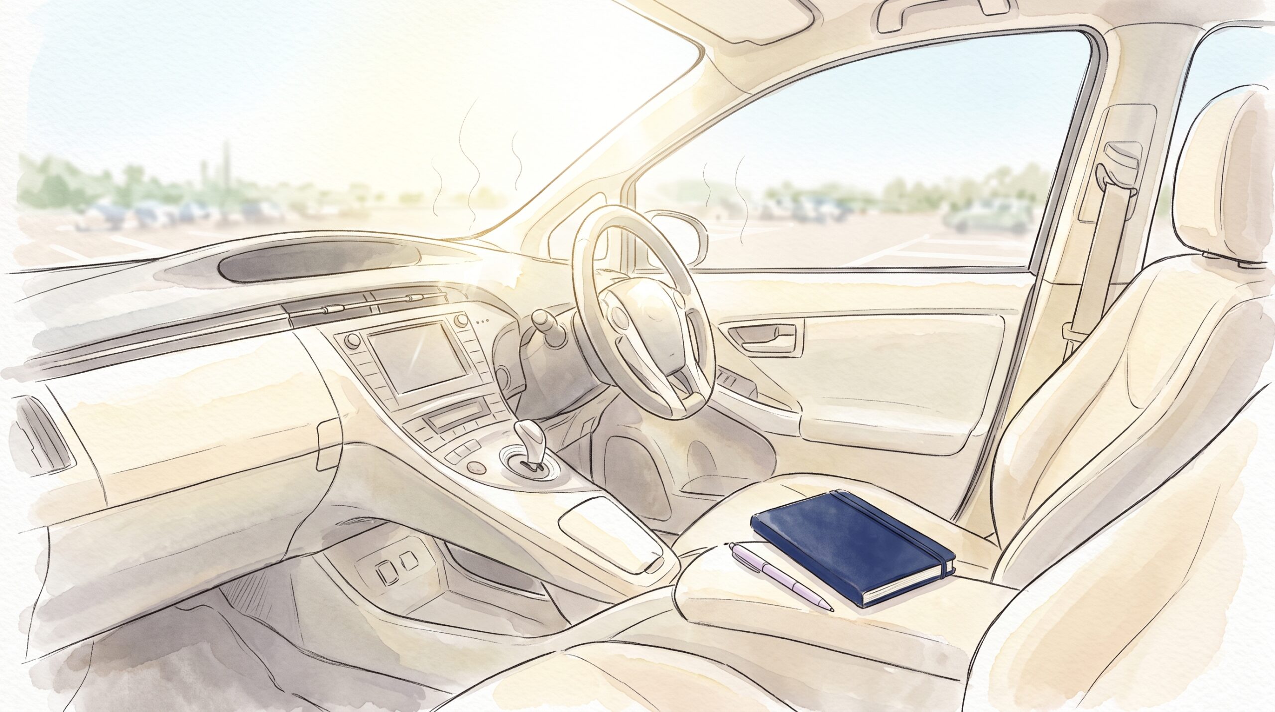 真夏の強い日差しが差し込む駐車中の車内で、座席の間の肘掛けに置かれた閉じた手帳とペン