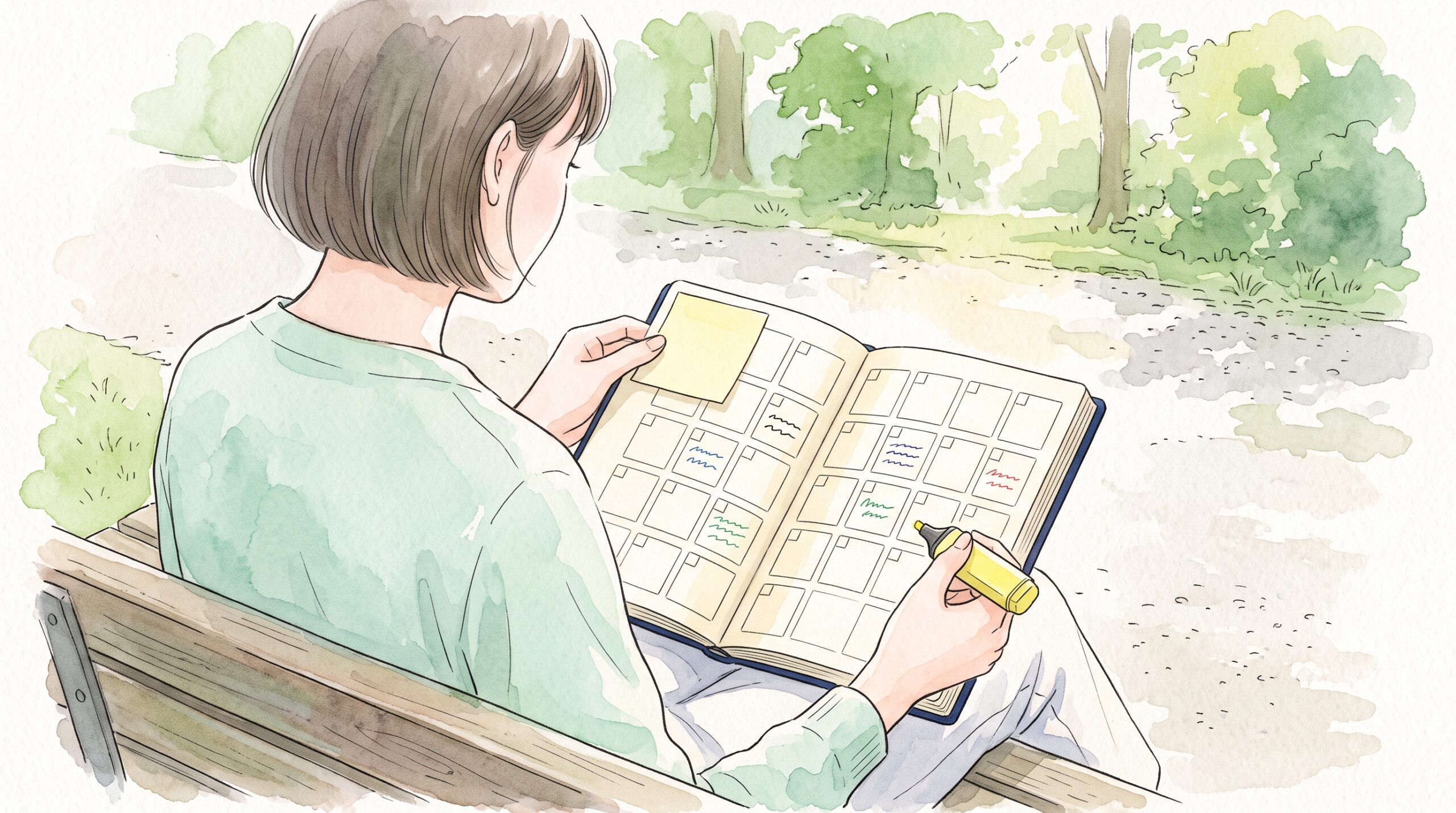 公園のベンチで、膝の上に開いた手帳に黄色いふせんを貼り、マーカーを持つ女性の斜め後ろ姿